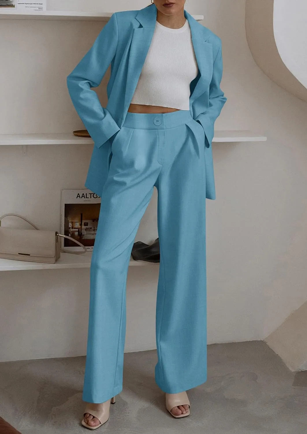 PRETTYGARDEN Women's Fall Two Piece Outfits Dressy Blazer Jacket and Wide Leg Pants Pockets Business Casual Office Suit Sets
