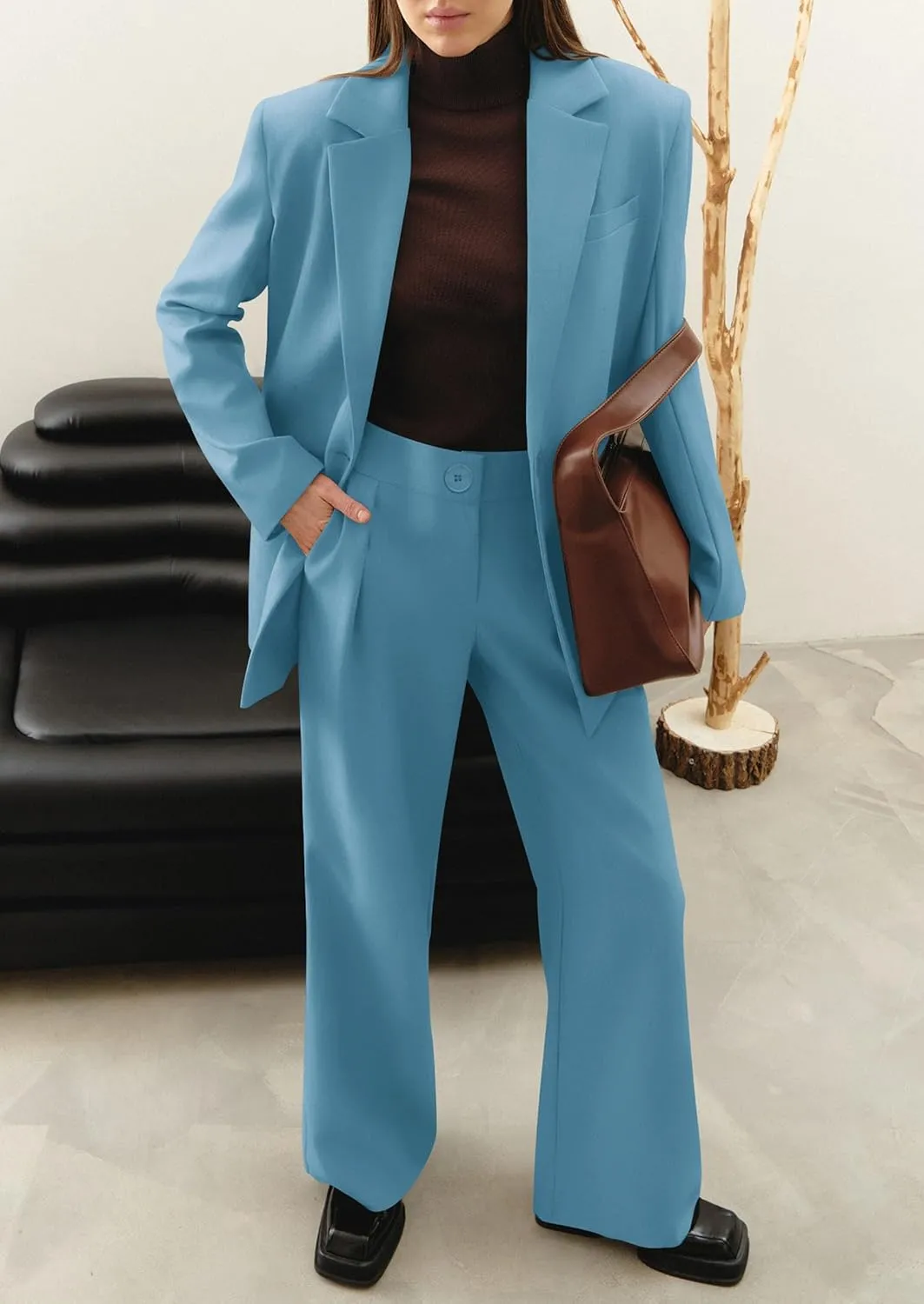 PRETTYGARDEN Women's Fall Two Piece Outfits Dressy Blazer Jacket and Wide Leg Pants Pockets Business Casual Office Suit Sets
