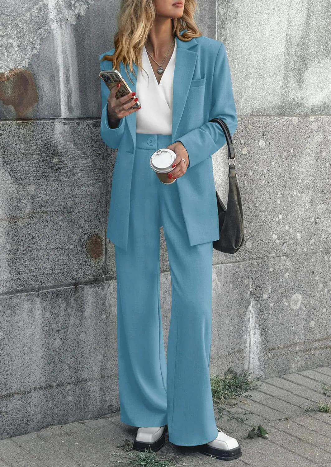 PRETTYGARDEN Women's Fall Two Piece Outfits Dressy Blazer Jacket and Wide Leg Pants Pockets Business Casual Office Suit Sets