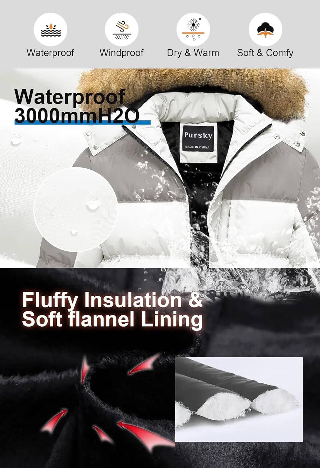 Pursky Men's Puffer Jacket Waterproof Winter Bubble Coats Ski Parka Fur Hooded