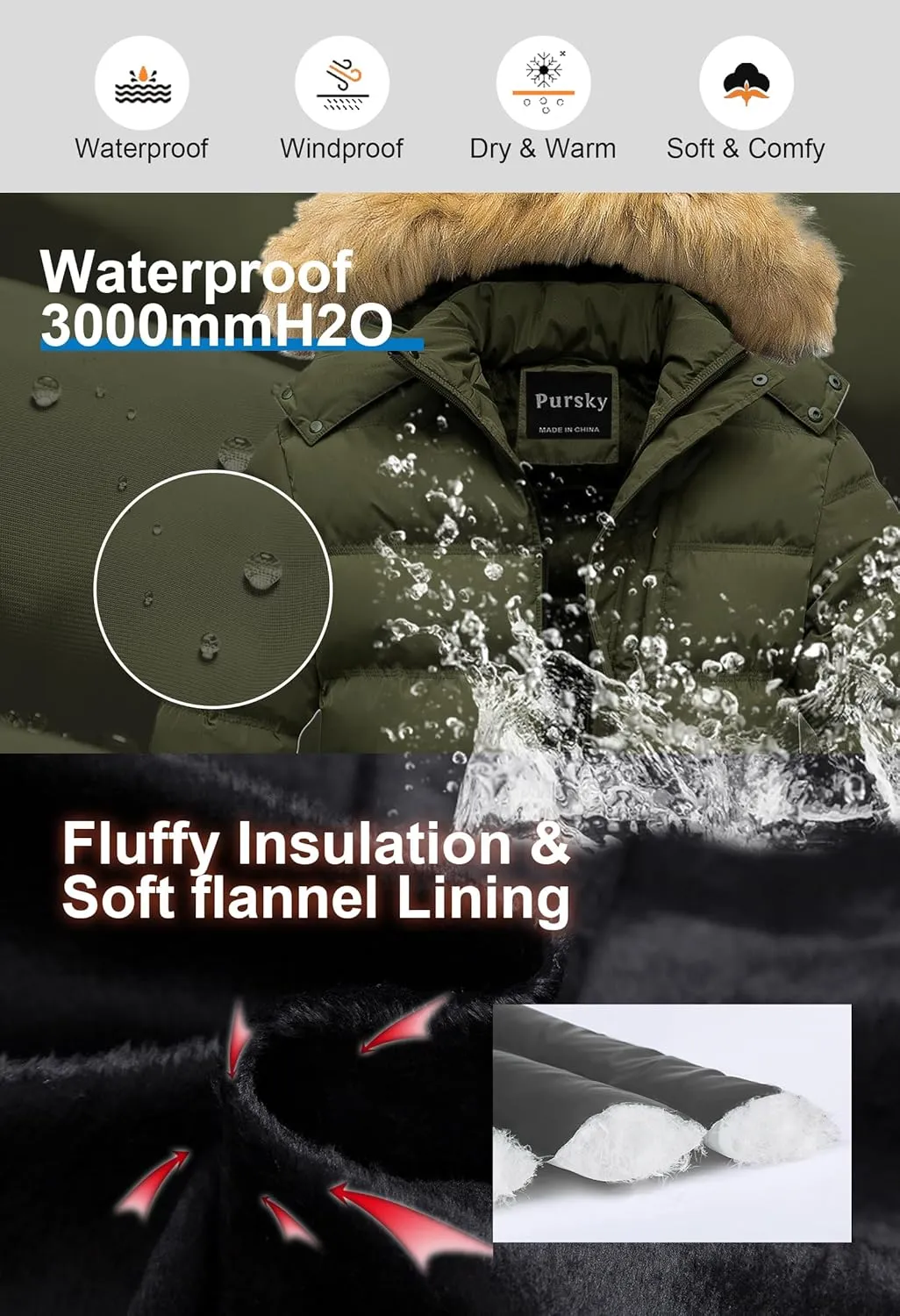 Pursky Men's Puffer Jacket Waterproof Winter Bubble Coats Ski Parka Fur Hooded