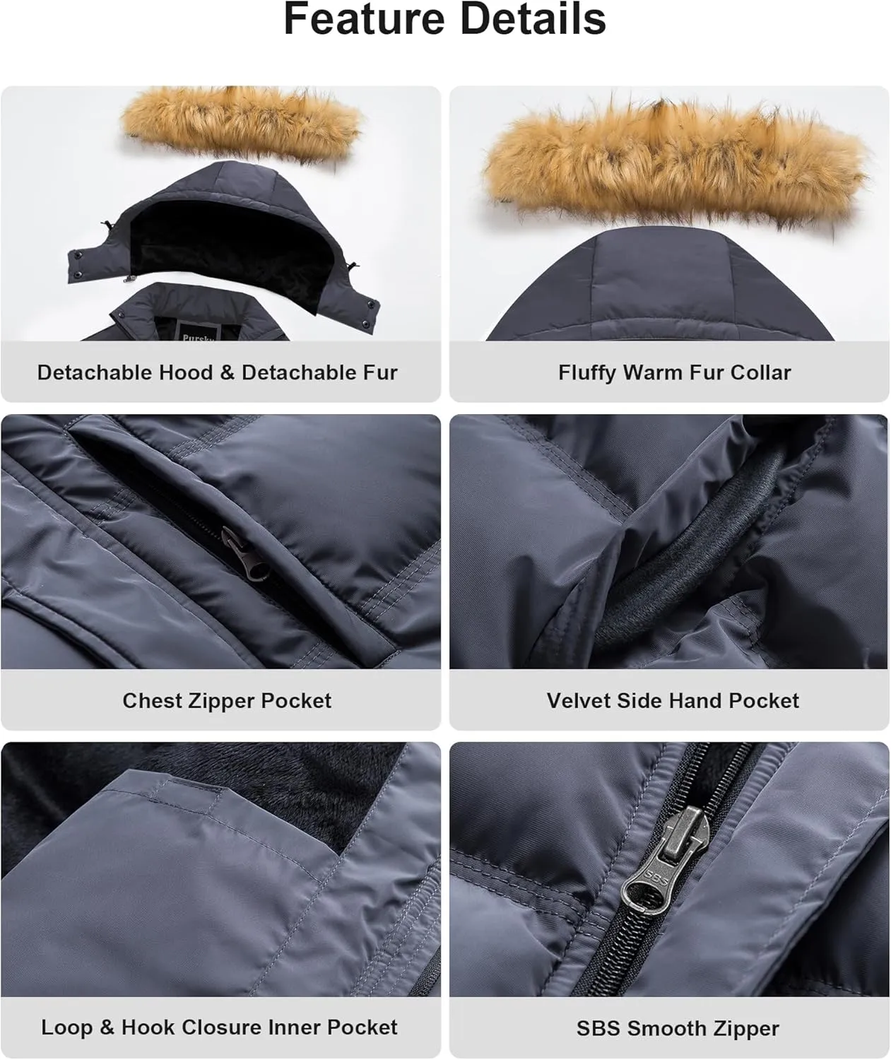 Pursky Men's Puffer Jacket Waterproof Winter Bubble Coats Ski Parka Fur Hooded