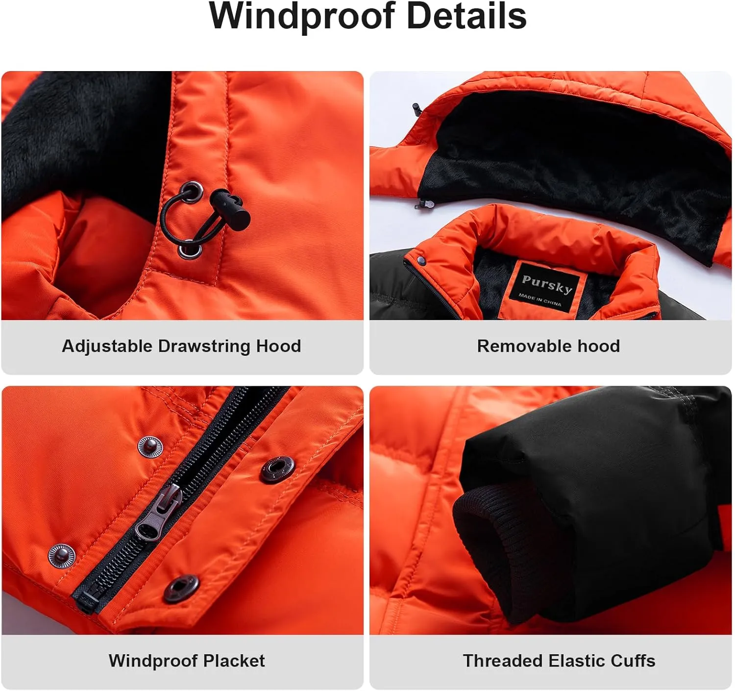 Pursky Men's Puffer Jacket Waterproof Winter Bubble Coats Ski Parka Fur Hooded