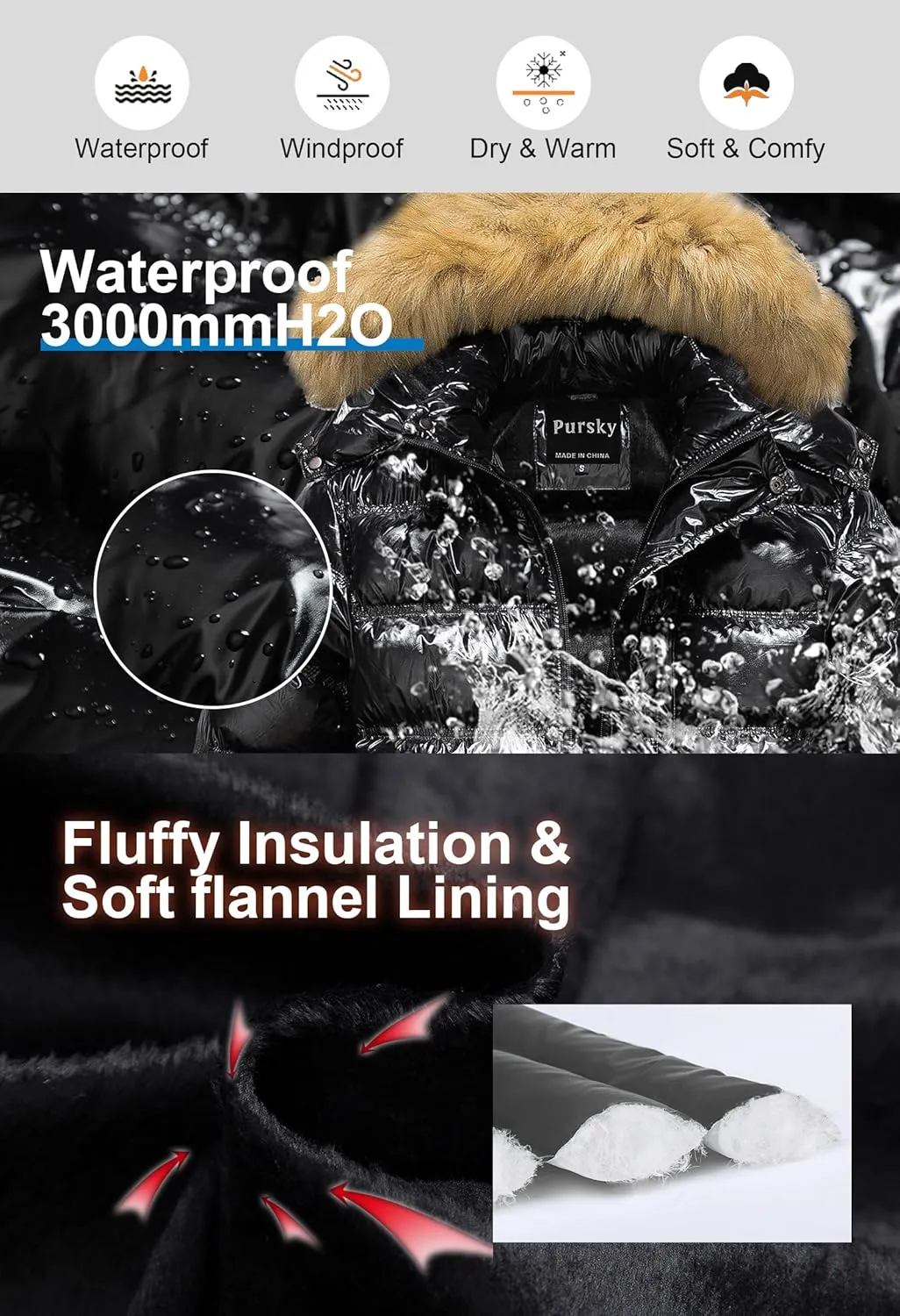 Pursky Men's Puffer Jacket Waterproof Winter Bubble Coats Ski Parka Fur Hooded
