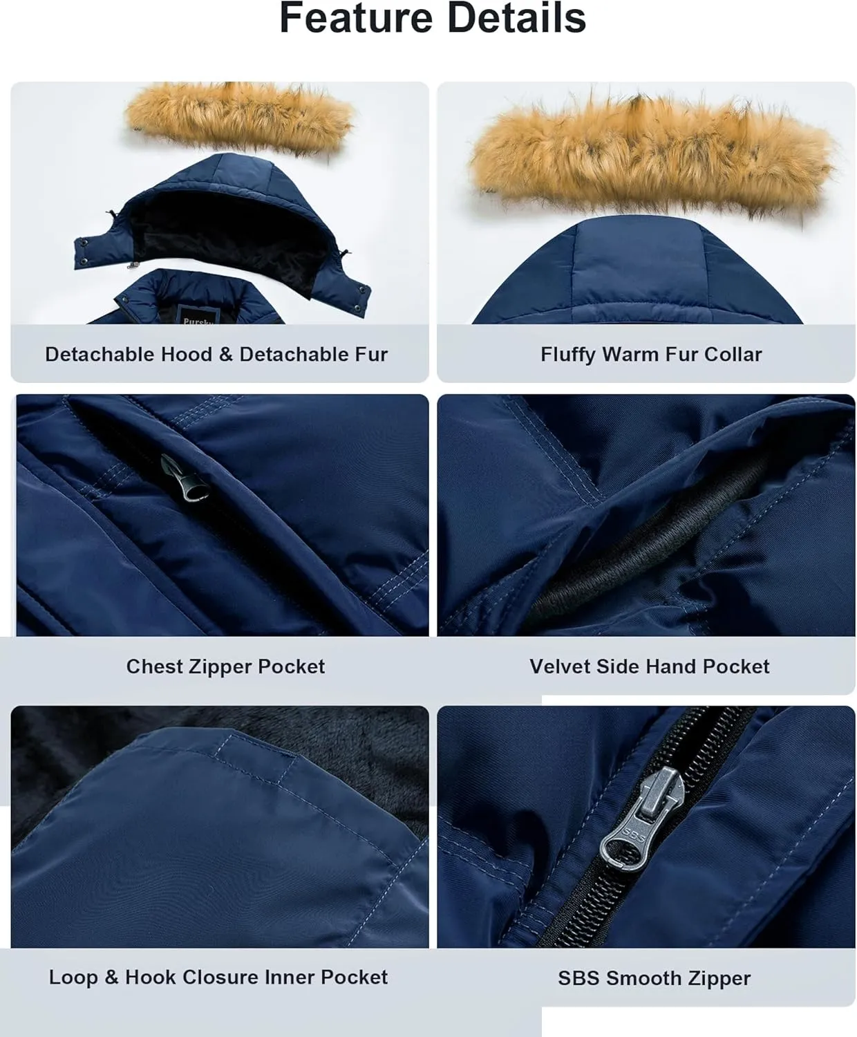 Pursky Men's Puffer Jacket Waterproof Winter Bubble Coats Ski Parka Fur Hooded