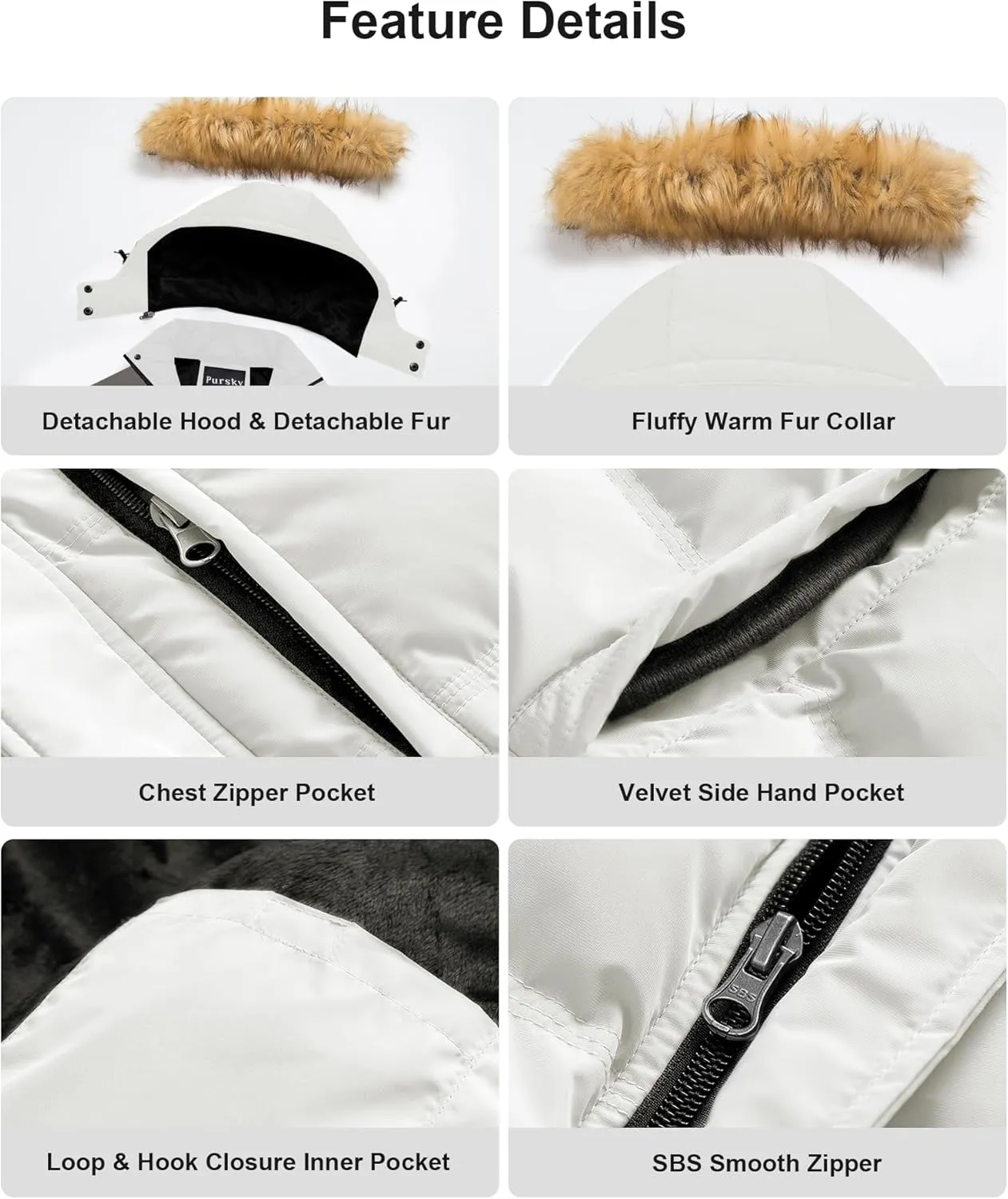 Pursky Men's Puffer Jacket Waterproof Winter Bubble Coats Ski Parka Fur Hooded