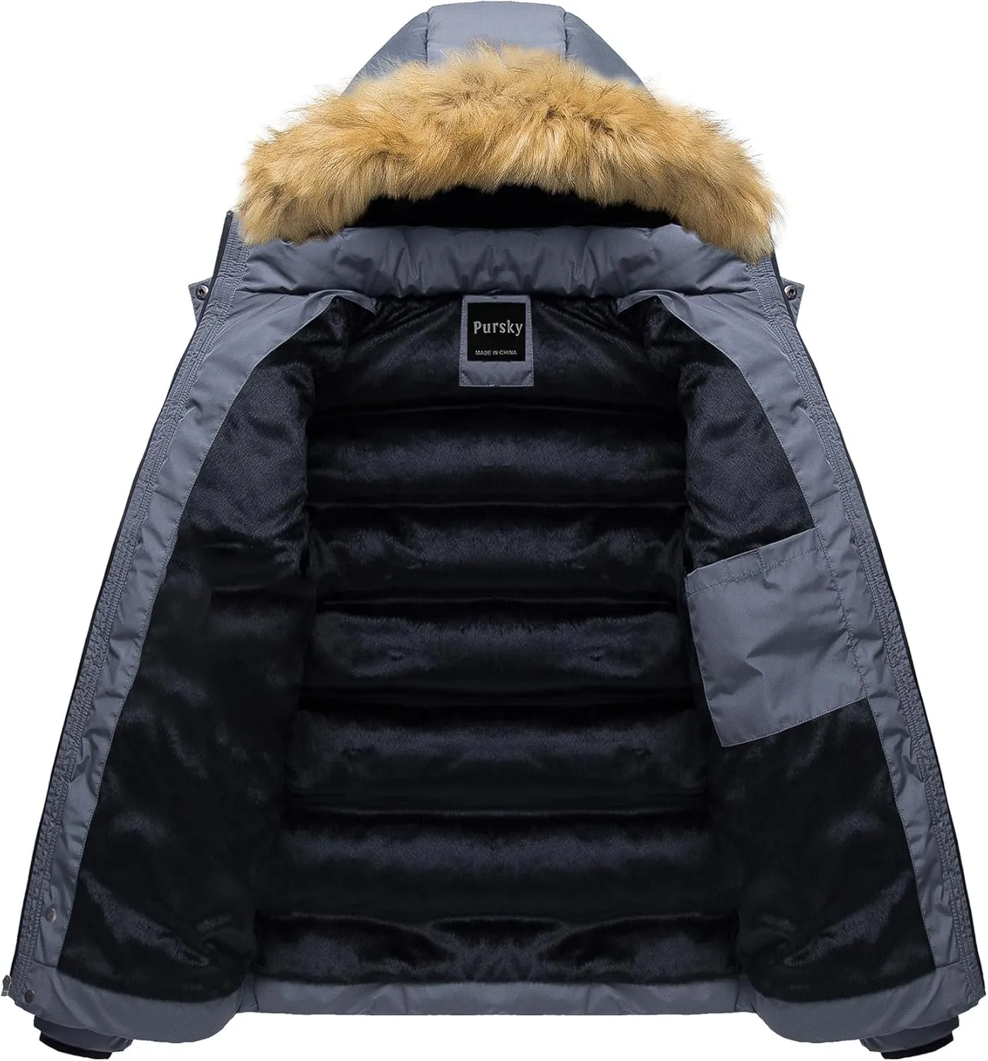 Pursky Men's Puffer Jacket Waterproof Winter Bubble Coats Ski Parka Fur Hooded