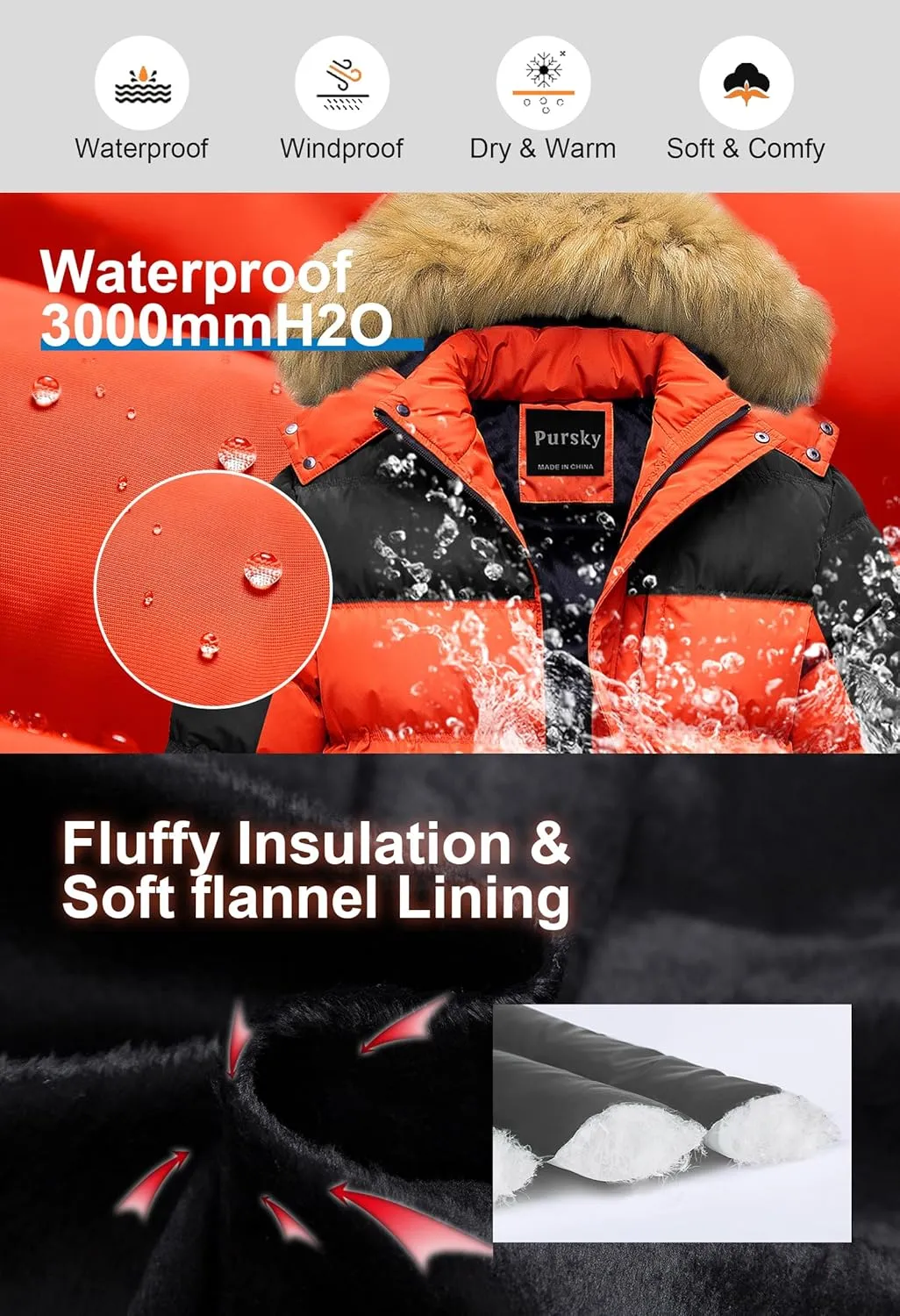 Pursky Men's Puffer Jacket Waterproof Winter Bubble Coats Ski Parka Fur Hooded