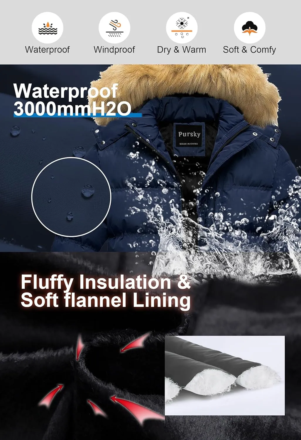 Pursky Men's Puffer Jacket Waterproof Winter Bubble Coats Ski Parka Fur Hooded
