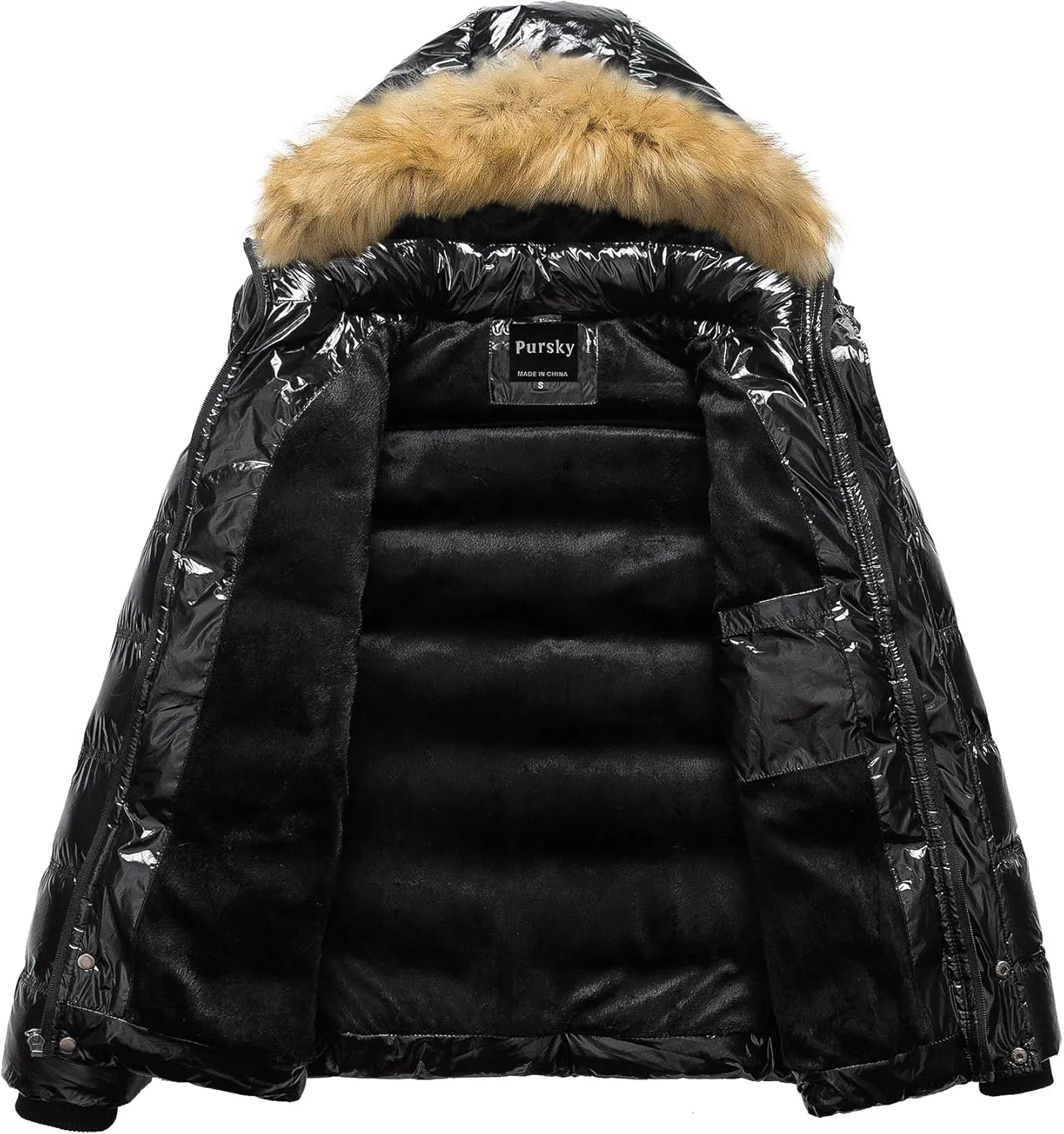 Pursky Men's Puffer Jacket Waterproof Winter Bubble Coats Ski Parka Fur Hooded