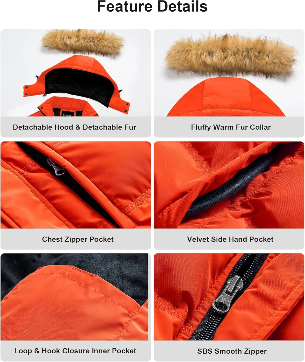 Pursky Men's Puffer Jacket Waterproof Winter Bubble Coats Ski Parka Fur Hooded