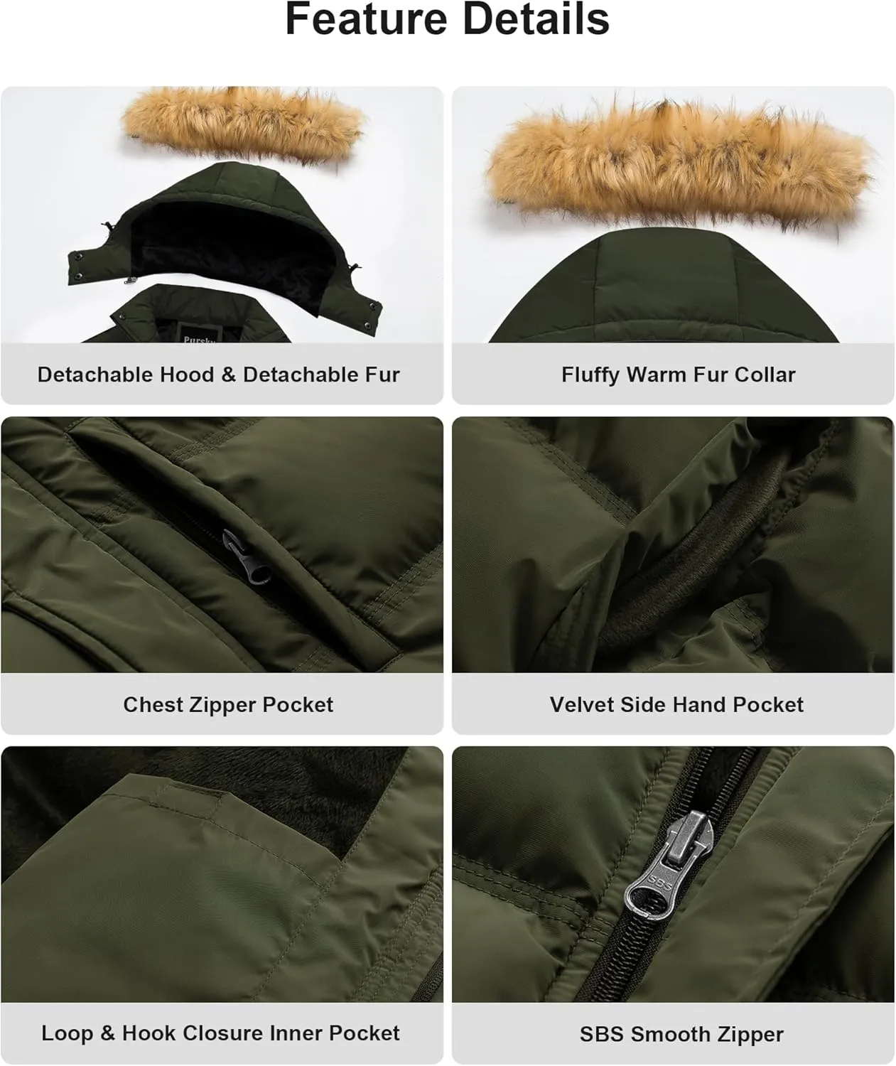 Pursky Men's Puffer Jacket Waterproof Winter Bubble Coats Ski Parka Fur Hooded