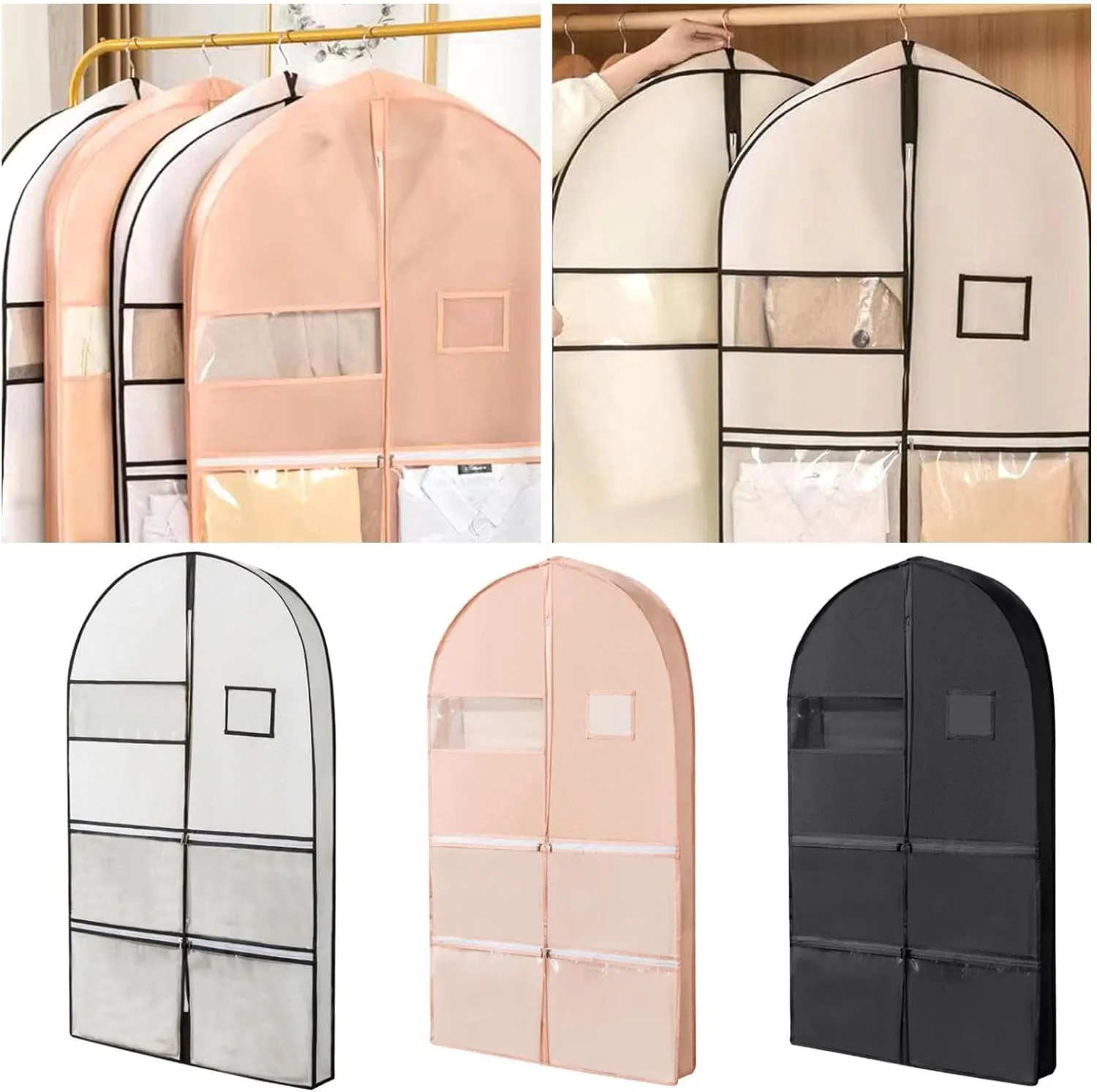 Self Compression Zipper Space Saving Hanging Garment Bag, 2025 New Space Saver Closet Organizers, Dust Cover Clothes Bags for down Coat, Protects Clothes from Wrinkles for Closet Storage (Black, XL)