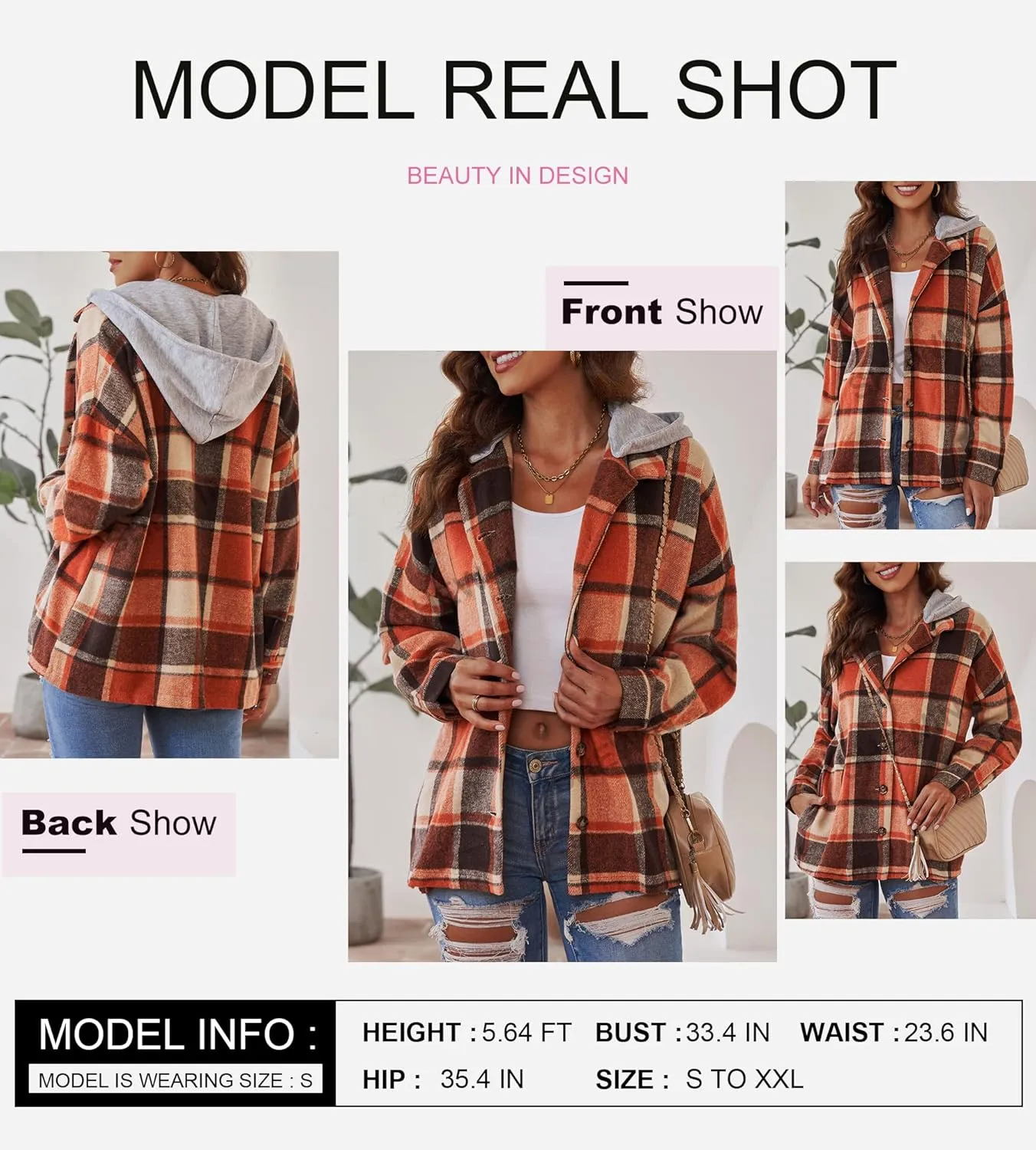 SHEWIN Womens Long Sleeve Button Down Plaid Shirts Flannel Hooded Shacket Jacket Hoodie Coats