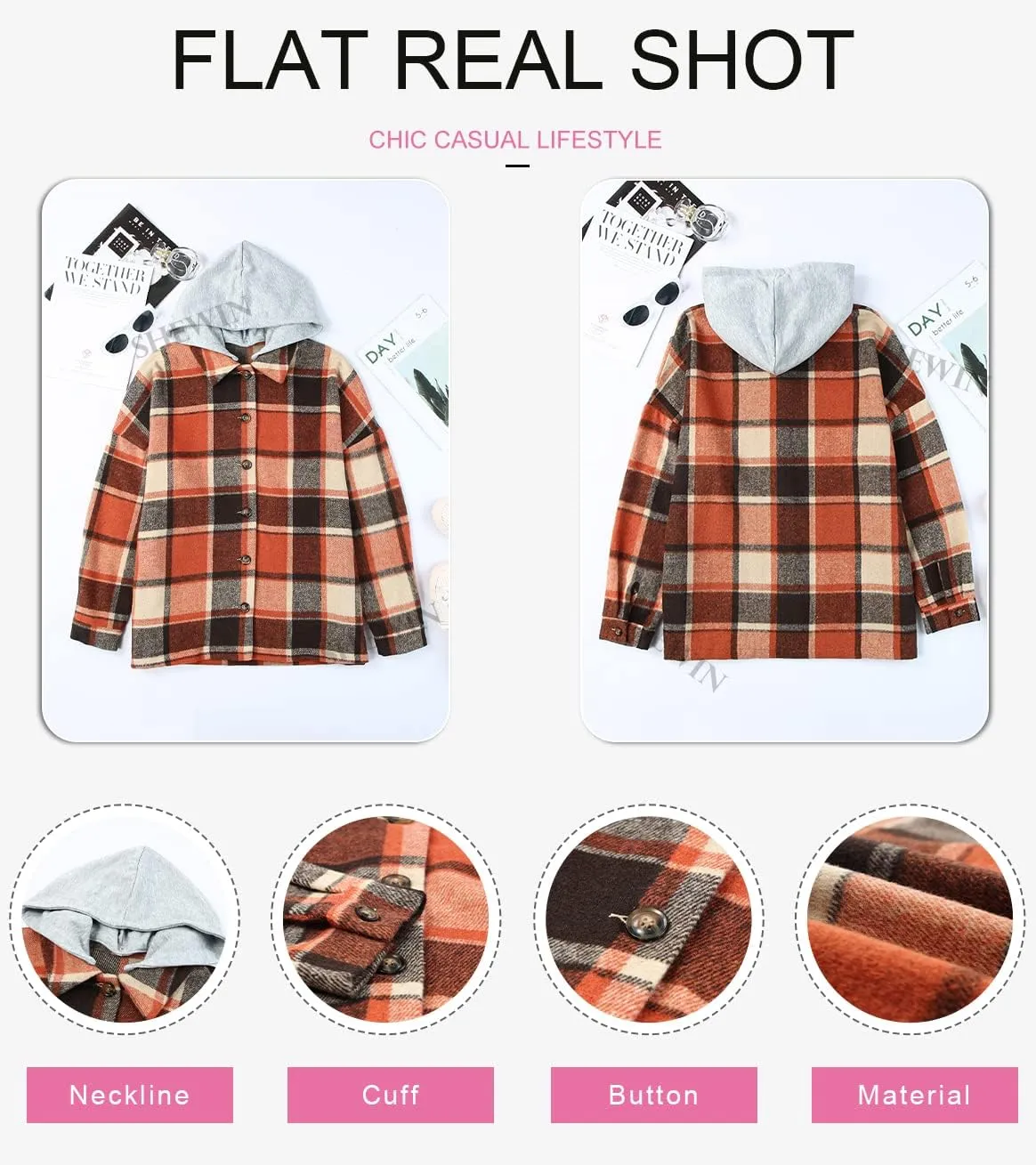 SHEWIN Womens Long Sleeve Button Down Plaid Shirts Flannel Hooded Shacket Jacket Hoodie Coats