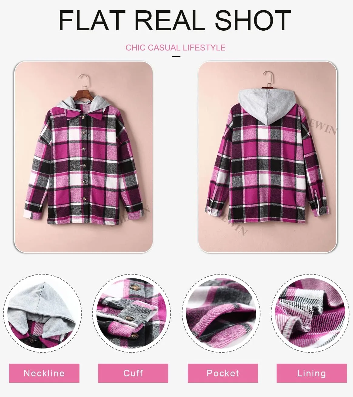 SHEWIN Womens Long Sleeve Button Down Plaid Shirts Flannel Hooded Shacket Jacket Hoodie Coats