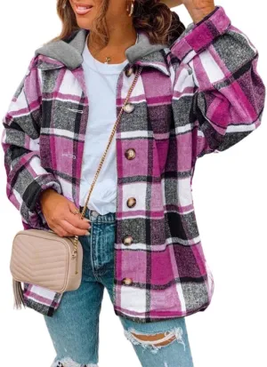 SHEWIN Womens Long Sleeve Button Down Plaid Shirts Flannel Hooded Shacket Jacket Hoodie Coats