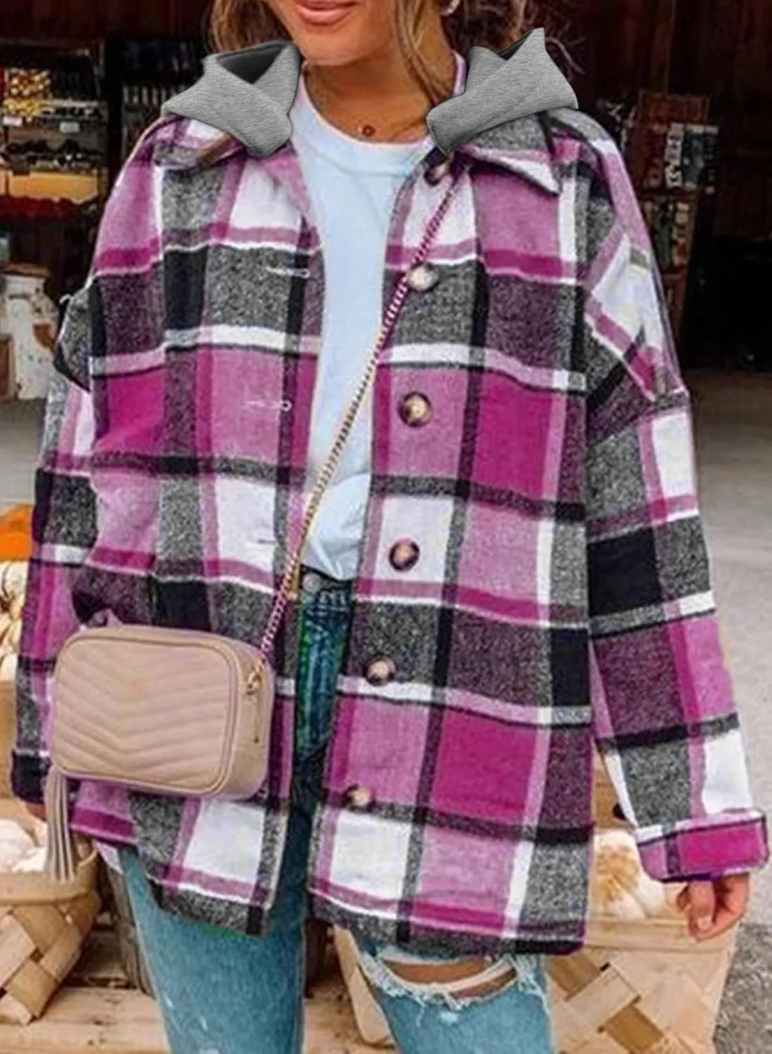 SHEWIN Womens Long Sleeve Button Down Plaid Shirts Flannel Hooded Shacket Jacket Hoodie Coats
