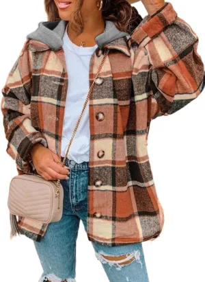 SHEWIN Womens Long Sleeve Button Down Plaid Shirts Flannel Hooded Shacket Jacket Hoodie Coats