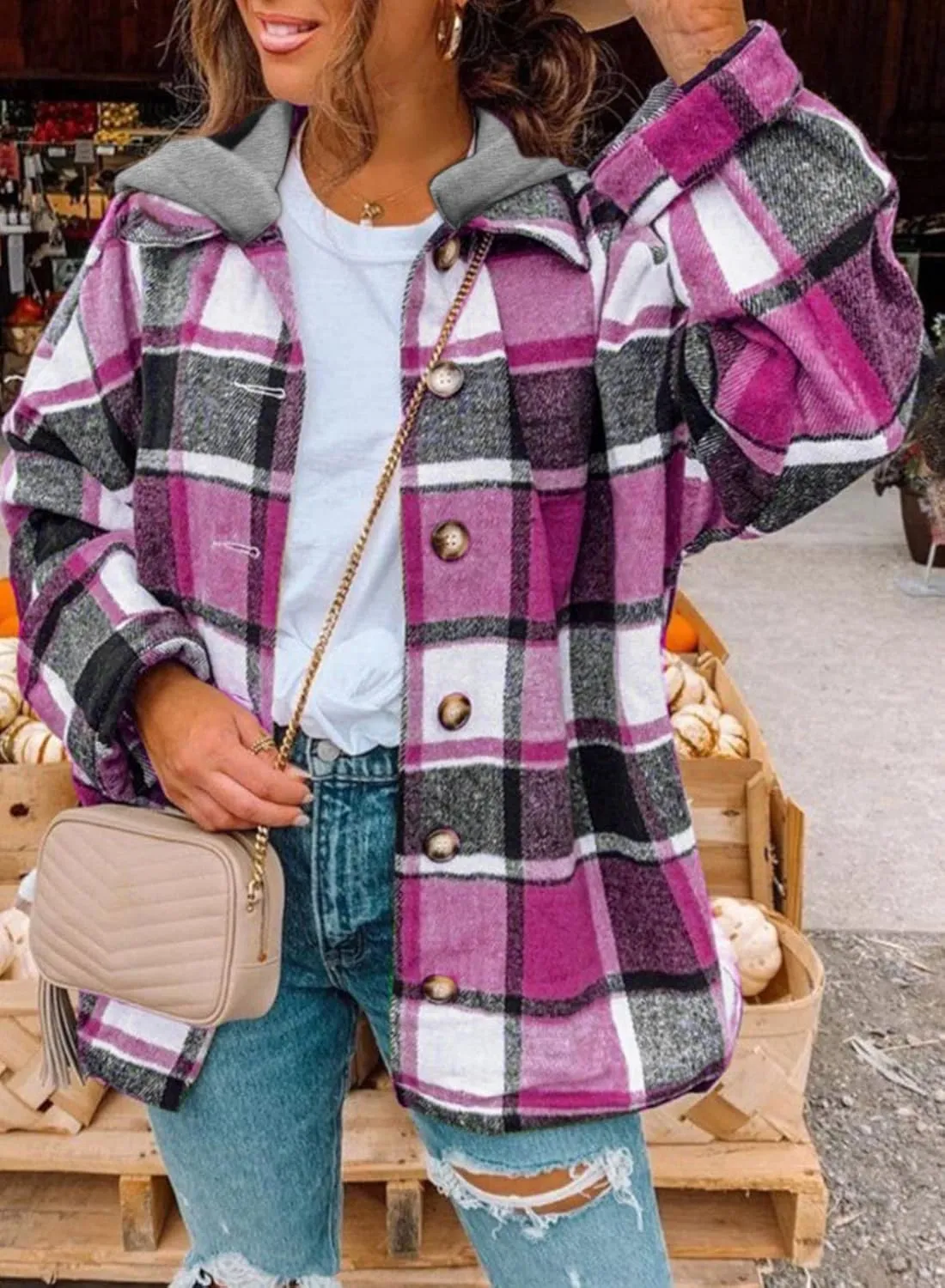 SHEWIN Womens Long Sleeve Button Down Plaid Shirts Flannel Hooded Shacket Jacket Hoodie Coats