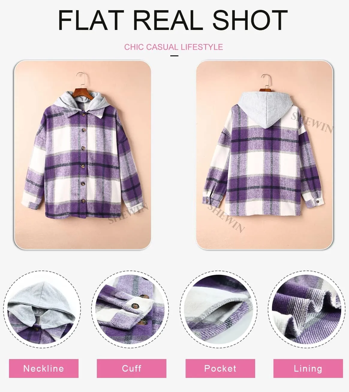 SHEWIN Womens Long Sleeve Button Down Plaid Shirts Flannel Hooded Shacket Jacket Hoodie Coats