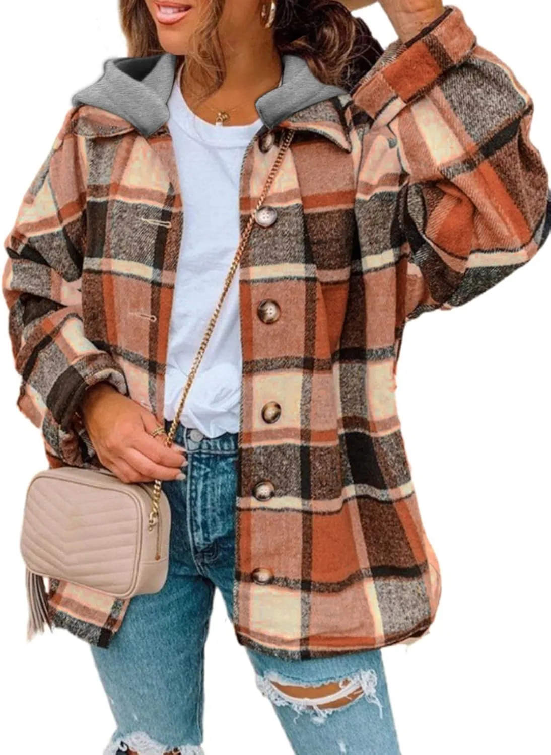 SHEWIN Womens Long Sleeve Button Down Plaid Shirts Flannel Hooded Shacket Jacket Hoodie Coats