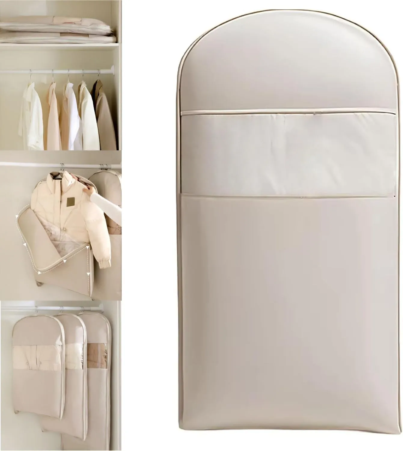 Space Saving Hanging Garment Bag with Self Compression Zipper-Down Coat Compression Storage Bag with Dust Cover,Wrinkle Protection-Closet Organzer for Coats & Clothes (Beige, X-Large)