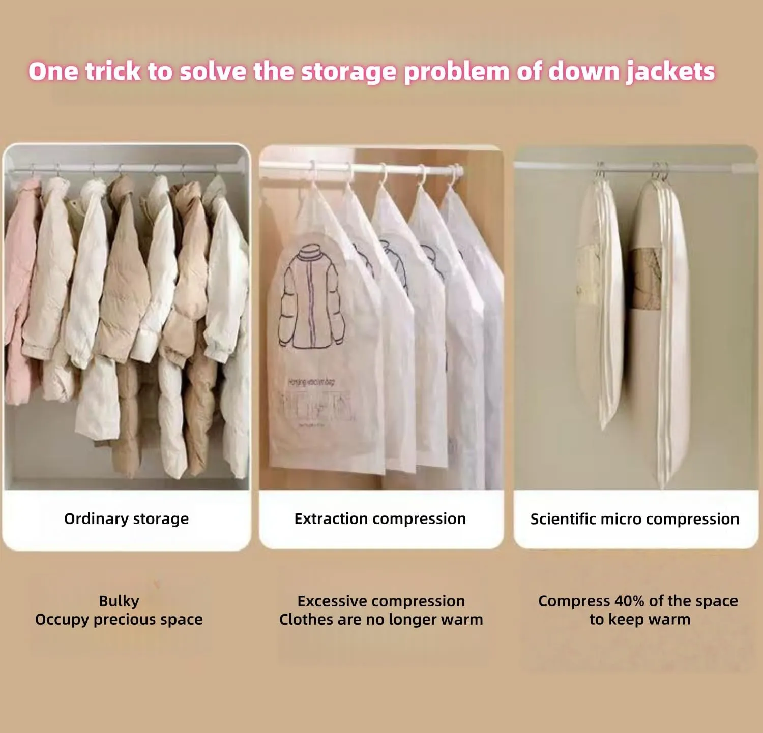 Space Saving Hanging Garment Bag with Self Compression Zipper-Down Coat Compression Storage Bag with Dust Cover,Wrinkle Protection-Closet Organzer for Coats & Clothes (Beige, X-Large)