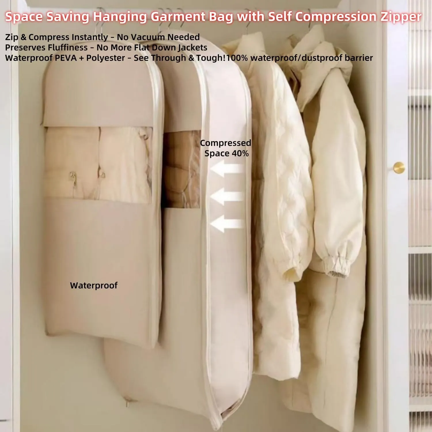 Space Saving Hanging Garment Bag with Self Compression Zipper-Down Coat Compression Storage Bag with Dust Cover,Wrinkle Protection-Closet Organzer for Coats & Clothes (Beige, X-Large)