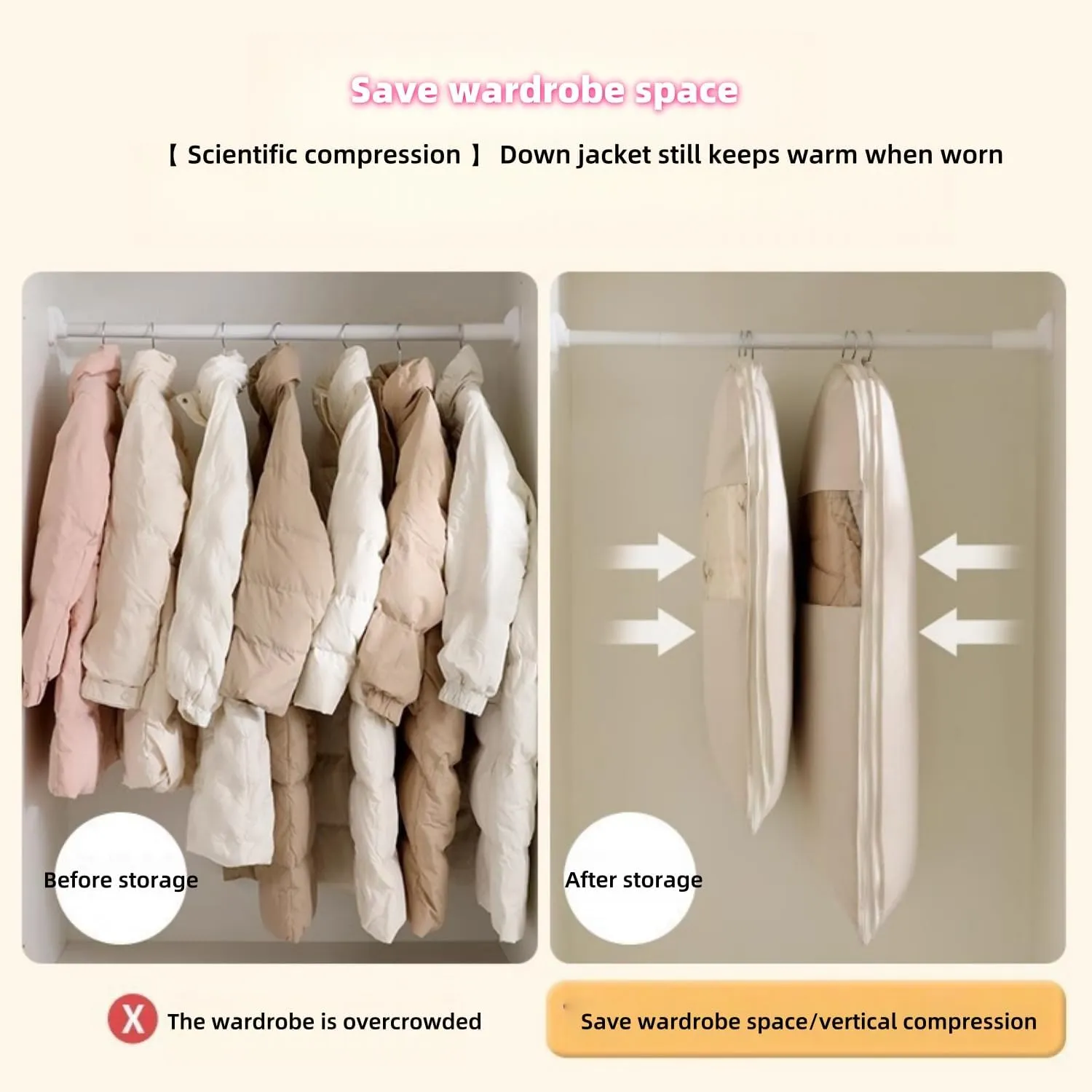 Space Saving Hanging Garment Bag with Self Compression Zipper-Down Coat Compression Storage Bag with Dust Cover,Wrinkle Protection-Closet Organzer for Coats & Clothes (Beige, X-Large)