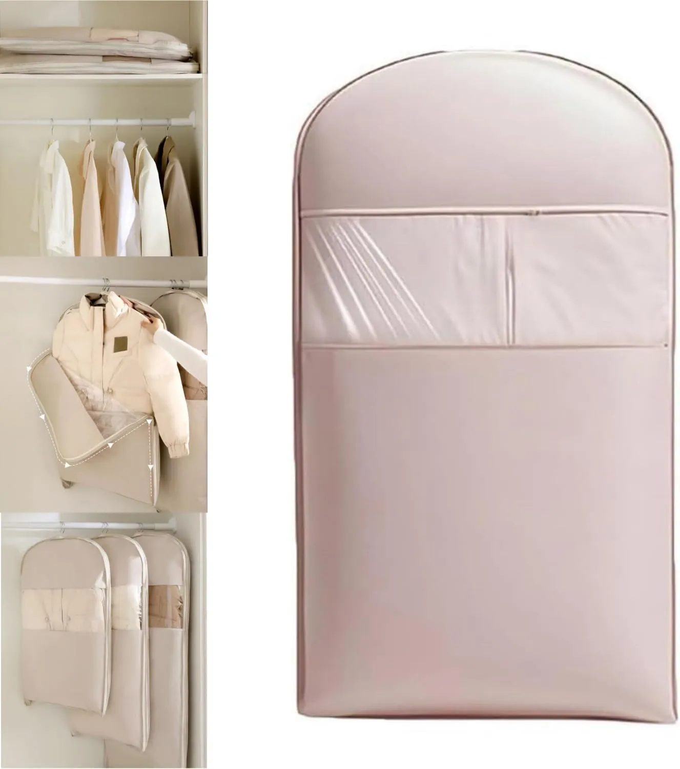 Space Saving Hanging Garment Bag with Self Compression Zipper-Down Coat Compression Storage Bag with Dust Cover,Wrinkle Protection-Closet Organzer for Coats & Clothes (Pink, Medium)