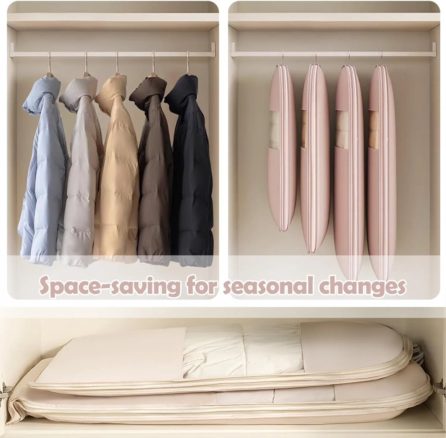 Space Saving Hanging Garment Bag with Self Compression Zipper  Dustproof & Wrinkle-Resistant Clothes Protector for Down Coats, Transparent Visibility, Closet Organizer Storage (Beige, L)
