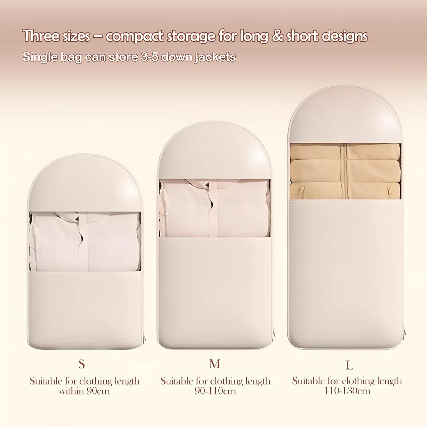 Space Saving Hanging Garment Bag with Self Compression Zipper  Dustproof & Wrinkle-Resistant Clothes Protector for Down Coats, Transparent Visibility, Closet Organizer Storage (Beige, L)