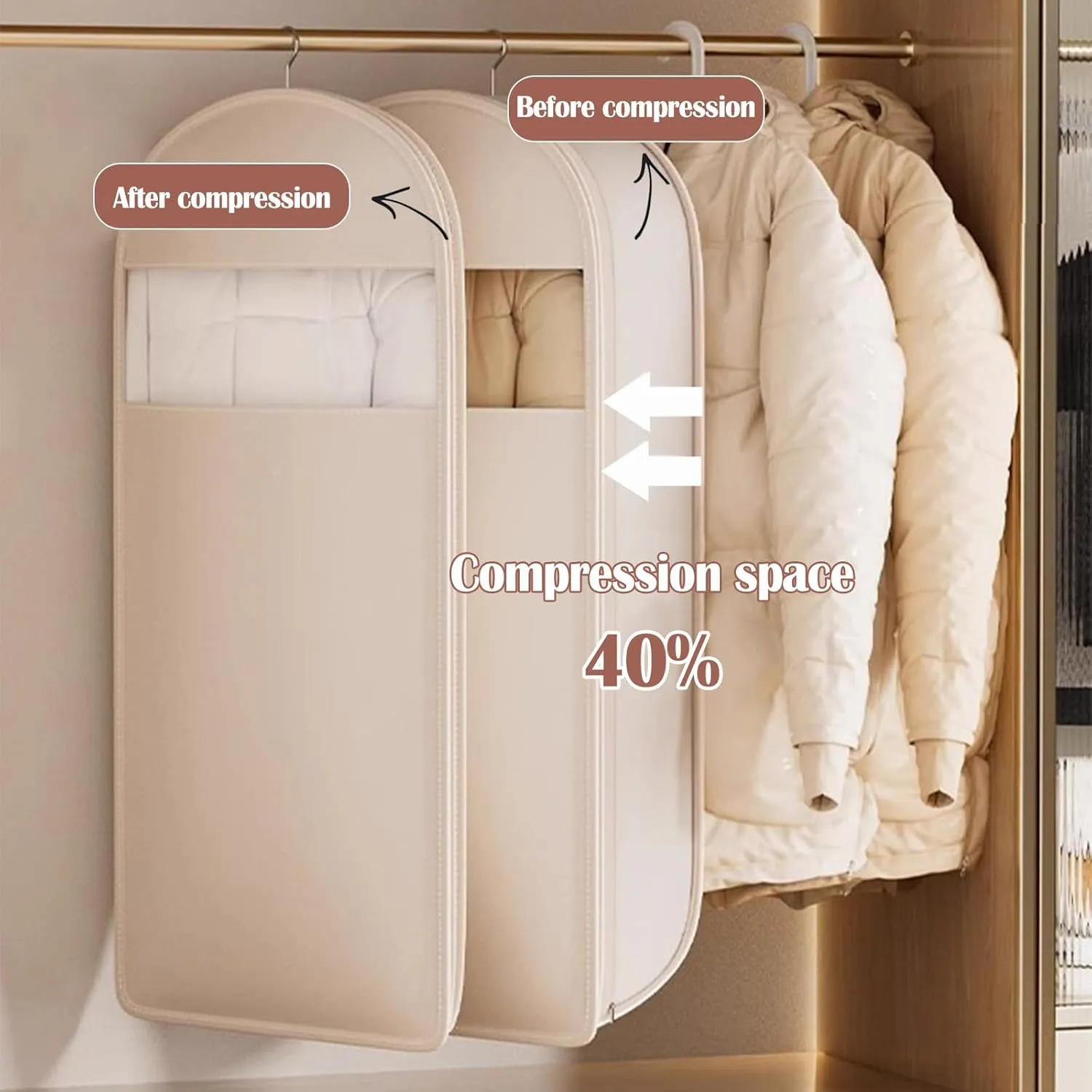Space Saving Hanging Garment Bag with Self Compression Zipper  Dustproof & Wrinkle-Resistant Clothes Protector for Down Coats, Transparent Visibility, Closet Organizer Storage (Beige, L)