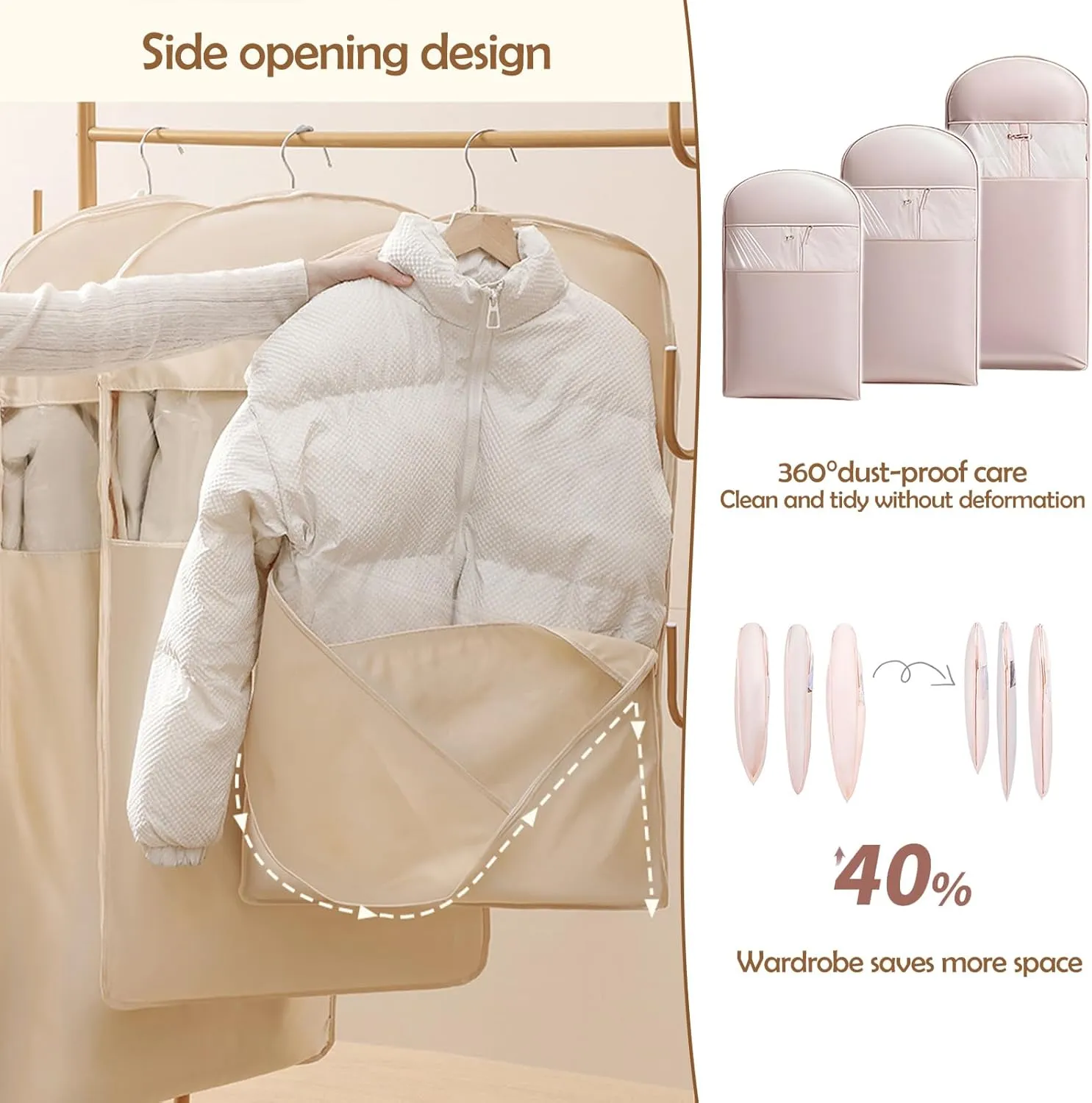 Space Saving Hanging Garment Bag with Self Compression Zipper  Dustproof & Wrinkle-Resistant Clothes Protector for Down Coats, Transparent Visibility, Closet Organizer Storage (Beige, L)