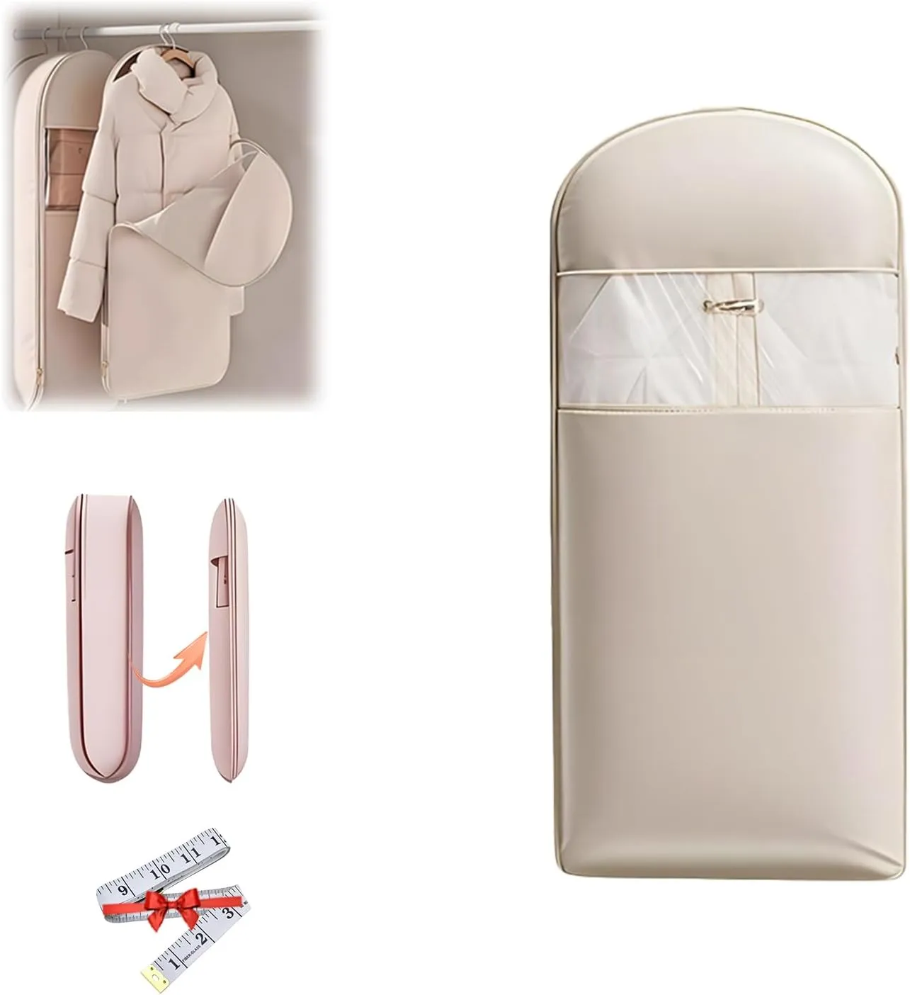 Space Saving Hanging Garment Bag with Self Compression Zipper  Dustproof & Wrinkle-Resistant Clothes Protector for Down Coats, Transparent Visibility, Closet Organizer Storage (Beige, L)