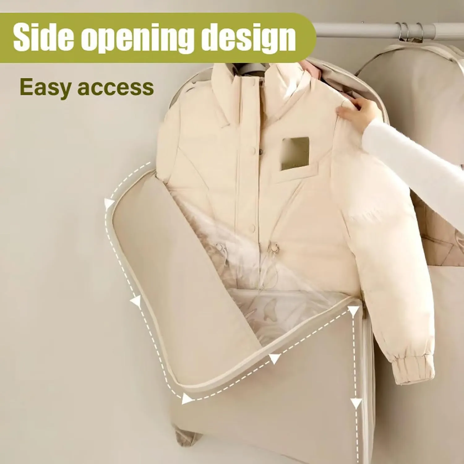 Space Saving Hanging Garment Bag With Self Compression Zipper, Space Saver Vacuum Storage Bags,Space Saver Hanging Garment Bags, Reusable & Easy To Use (Beige,Medium)