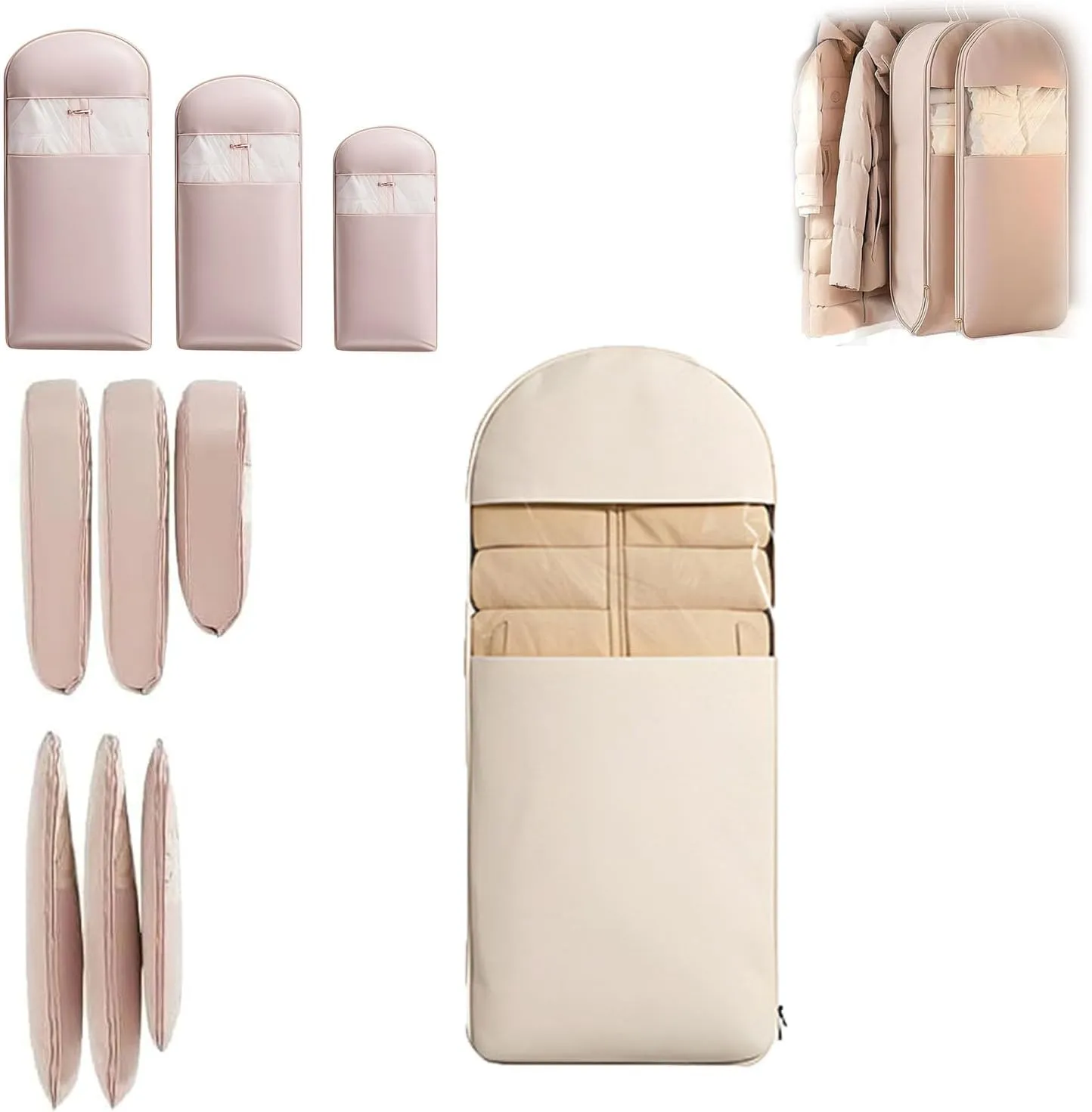 Space Saving Hanging Garment Bag With Self Compression Zipper, Space Saver Vacuum Storage Bags,Space Saver Hanging Garment Bags, Reusable & Easy To Use (Beige,Medium)