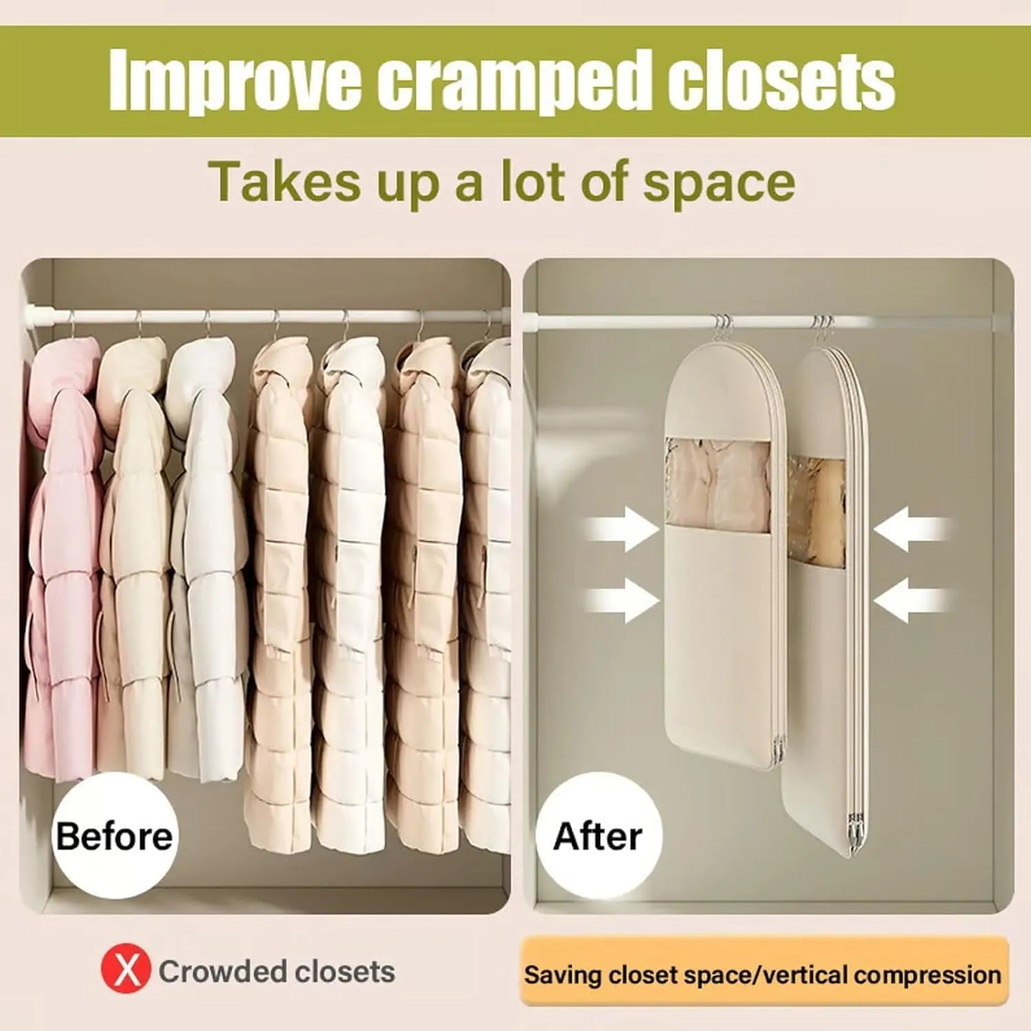 Space Saving Hanging Garment Bag With Self Compression Zipper, Space Saver Vacuum Storage Bags,Space Saver Hanging Garment Bags, Reusable & Easy To Use (Beige,Medium)