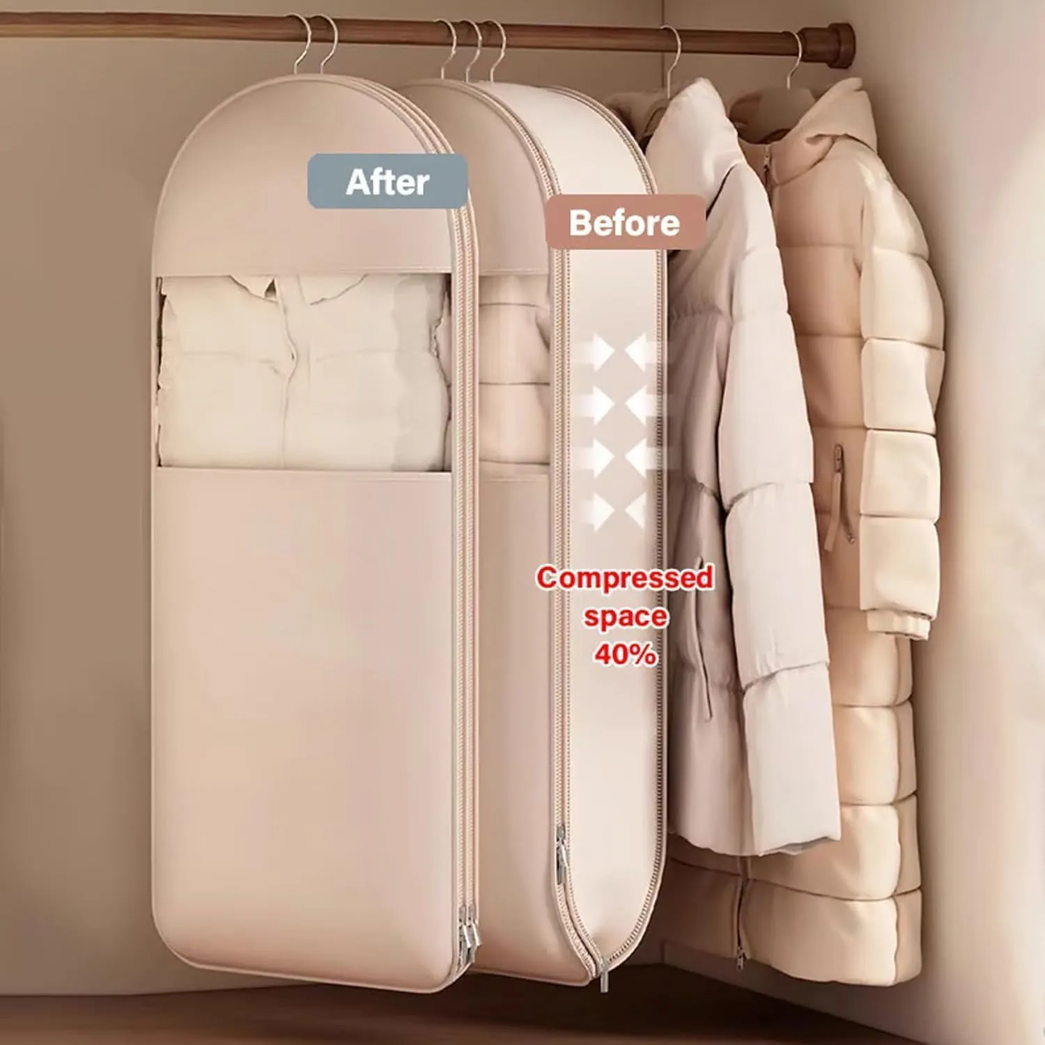 Space Saving Hanging Garment Bag With Self Compression Zipper, Space Saver Vacuum Storage Bags,Space Saver Hanging Garment Bags, Reusable & Easy To Use (Beige,X-Large)
