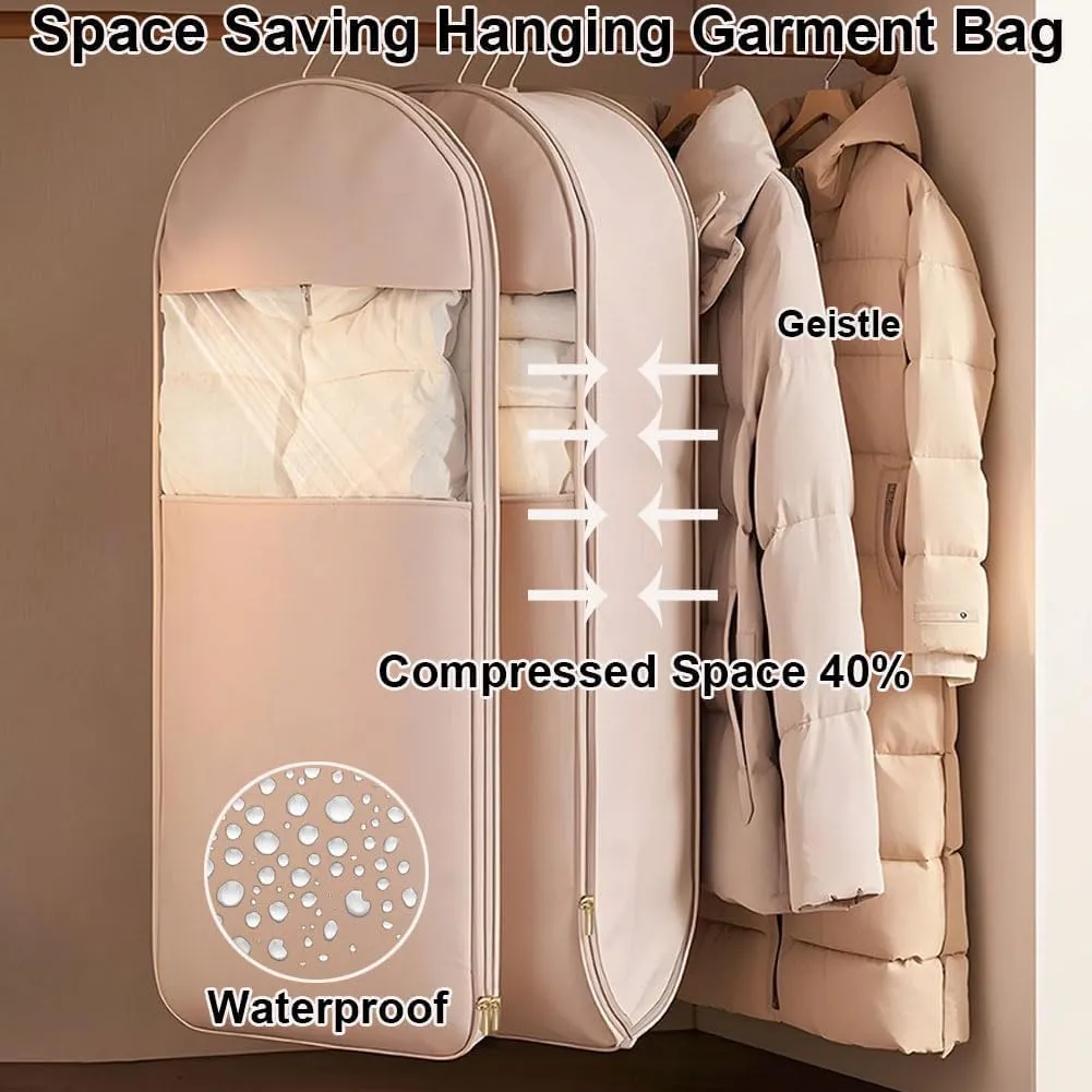 Space Saving Hanging Garment Bag with Self Compression Zipper, with 3 Cedar Blocks, Garment Bags for Hanging Clothes, Dust Cover Clothes Bags for Down Coat (Beige, X-Large)