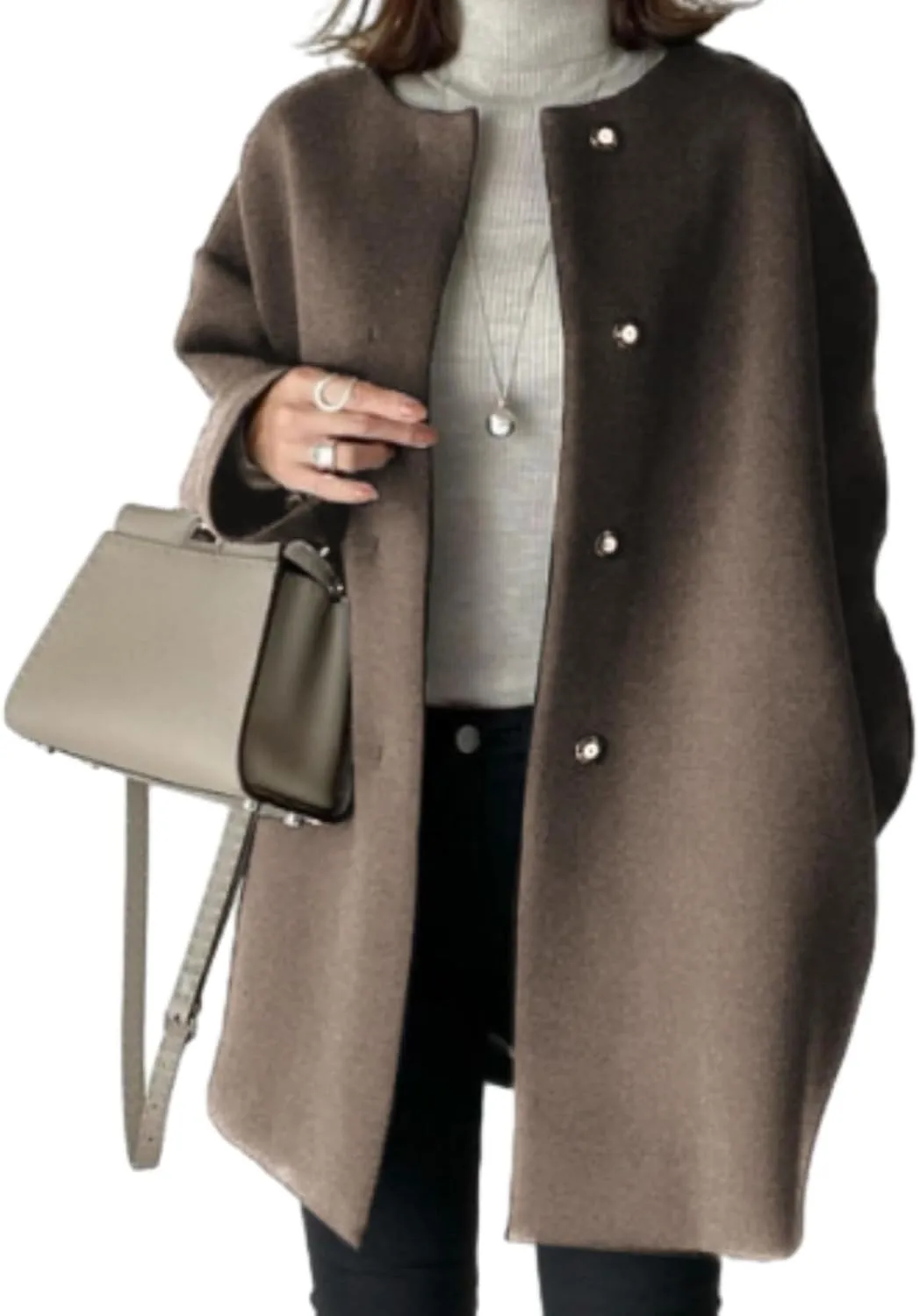 Straight Coat,Women's Single-Breasted Coat Long Trench Coat, Mid-Length Pea Coats Solid Color Cardigan
