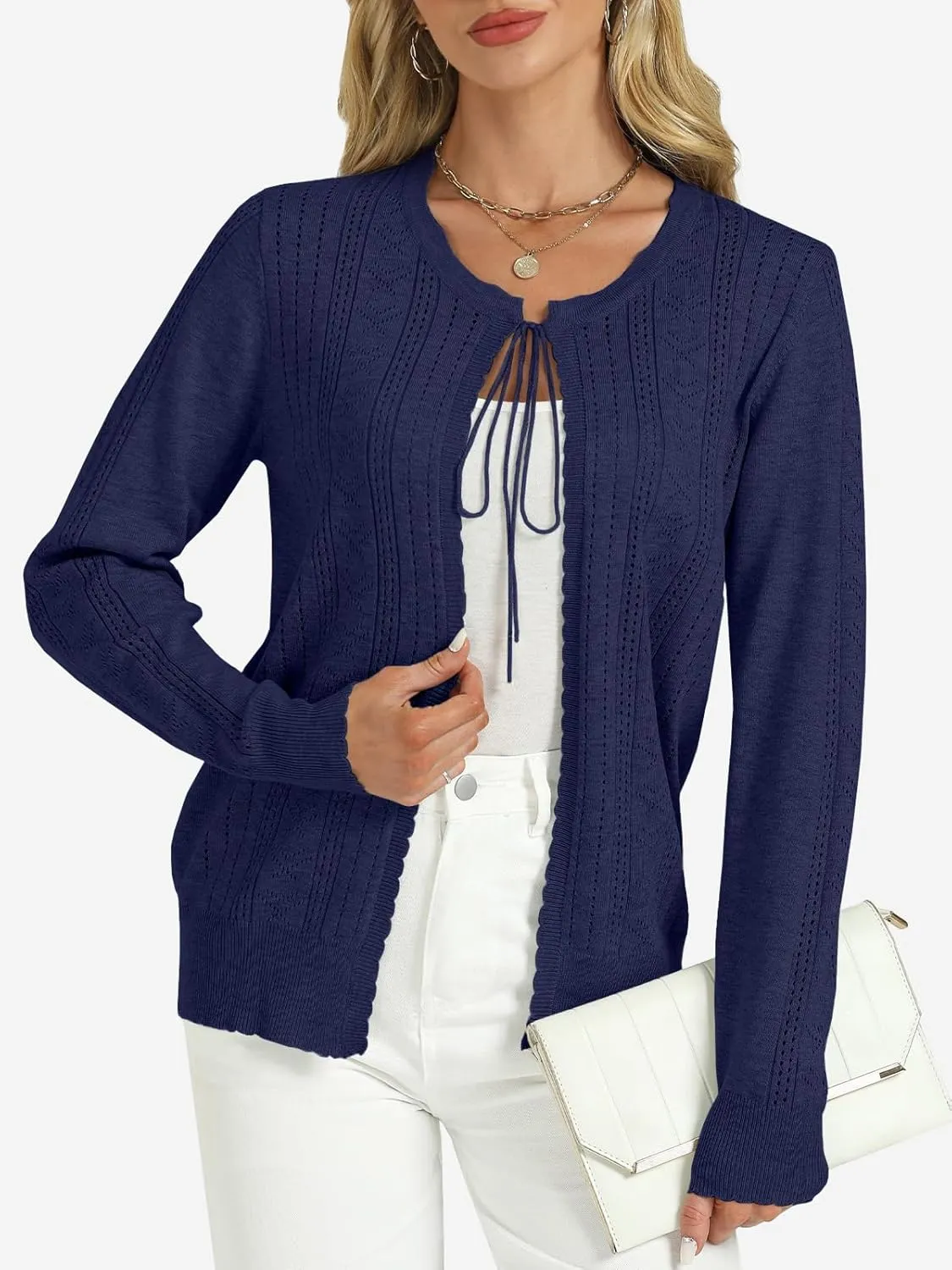 Tanou Women's Long Sleeve Tie Front Casual Fall Eyelet Embroidery Lightweight Shrug Cardigan Sweaters