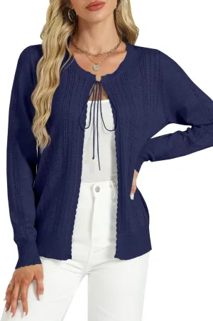 Tanou Women's Long Sleeve Tie Front Casual Fall Eyelet Embroidery Lightweight Shrug Cardigan Sweaters
