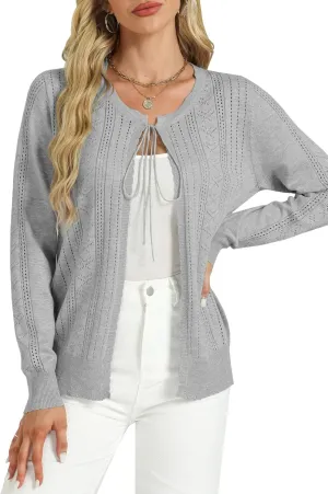 Tanou Women's Long Sleeve Tie Front Casual Fall Eyelet Embroidery Lightweight Shrug Cardigan Sweaters