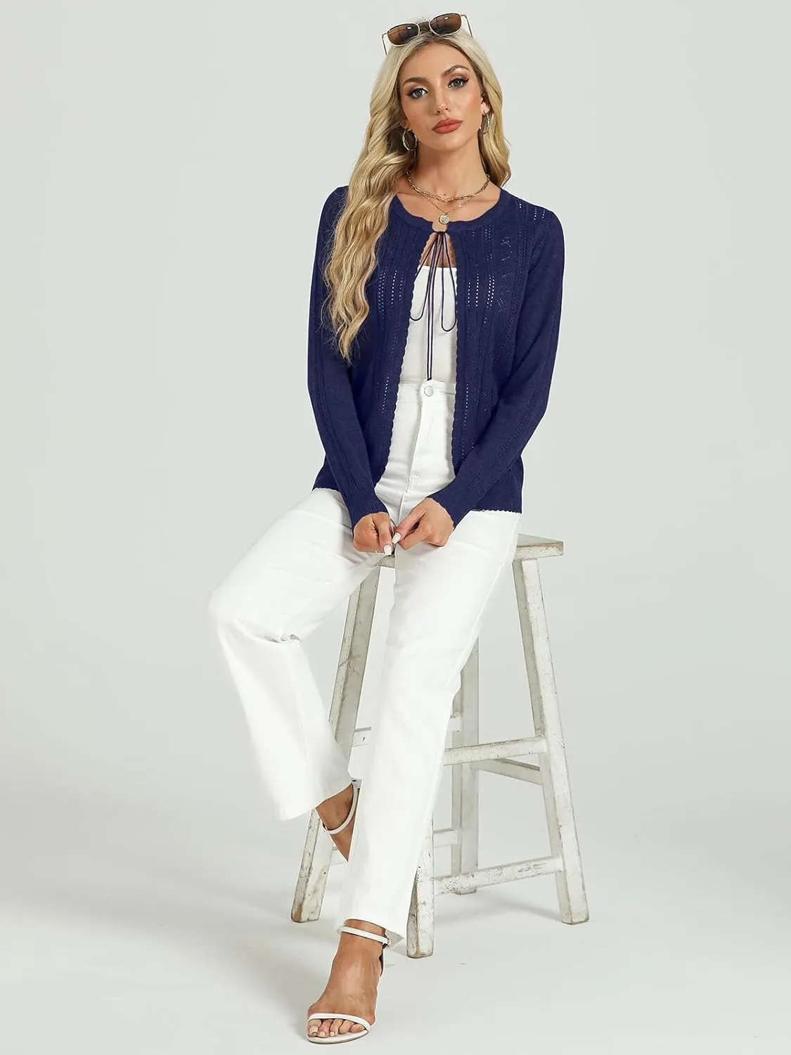 Tanou Women's Long Sleeve Tie Front Casual Fall Eyelet Embroidery Lightweight Shrug Cardigan Sweaters