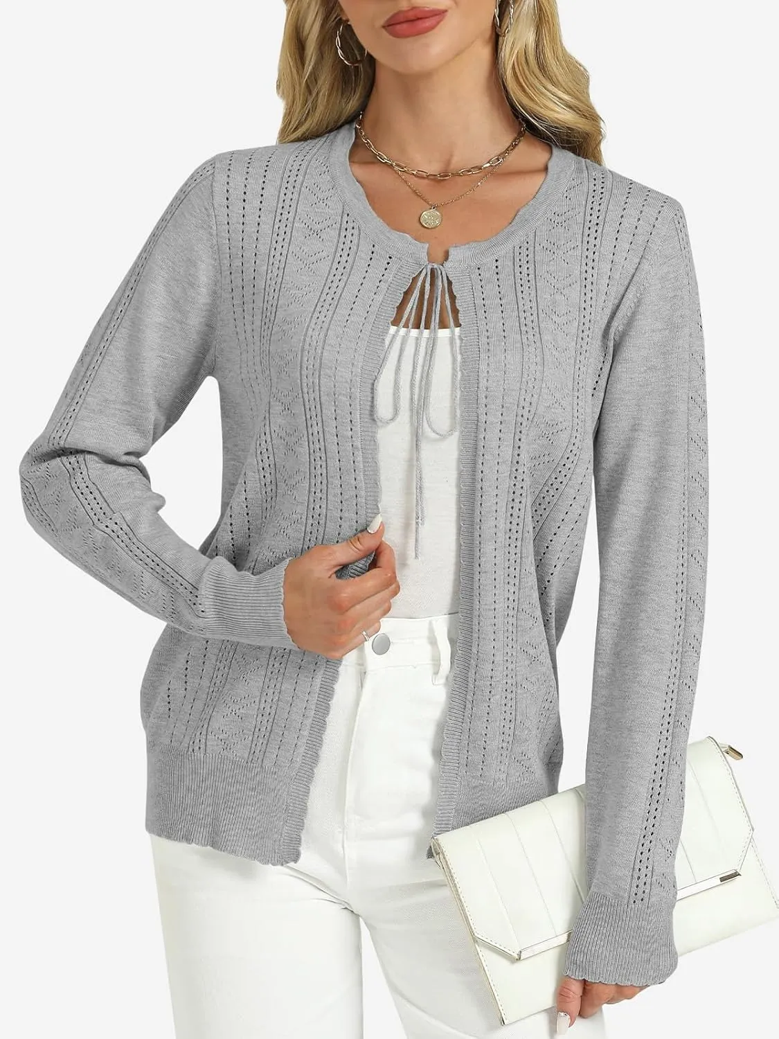 Tanou Women's Long Sleeve Tie Front Casual Fall Eyelet Embroidery Lightweight Shrug Cardigan Sweaters