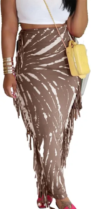 Tcremisa Women's Tie Dye Fringe Skirt Stretchy Slim Fit High Waist Side Tassels Club Party Midi Long Skirts