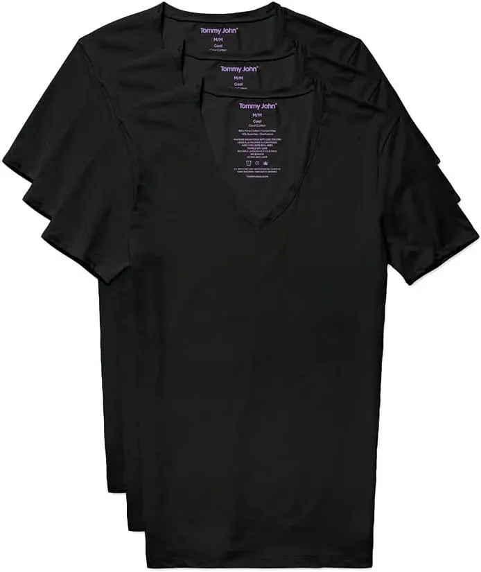Tommy John Men's Supima Cool Cotton Deep V-Neck Shirt, Soft Stretch Fabric, Stay-Tuck Design, Short Sleeve Undershirt