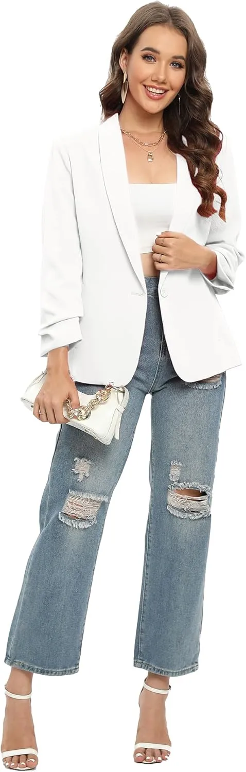 TRNY Womens Blazer Ruched Sleeve Shawl Lapel Suit Blazers Jackets with Pockets for Women Business Casual and Work Office